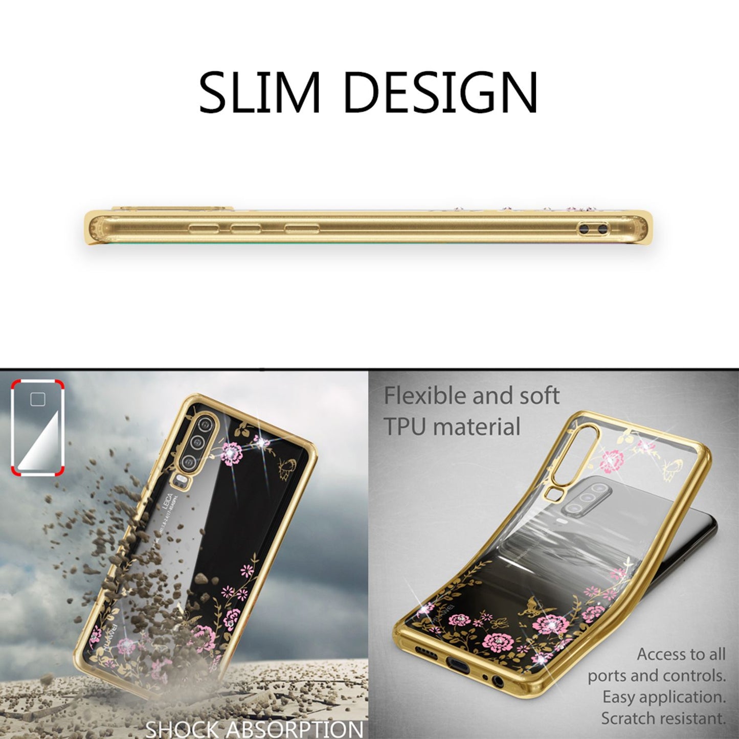 NALIA Phone Case for Huawei P30, Floral Pattern Metal Look Protective Cover Case