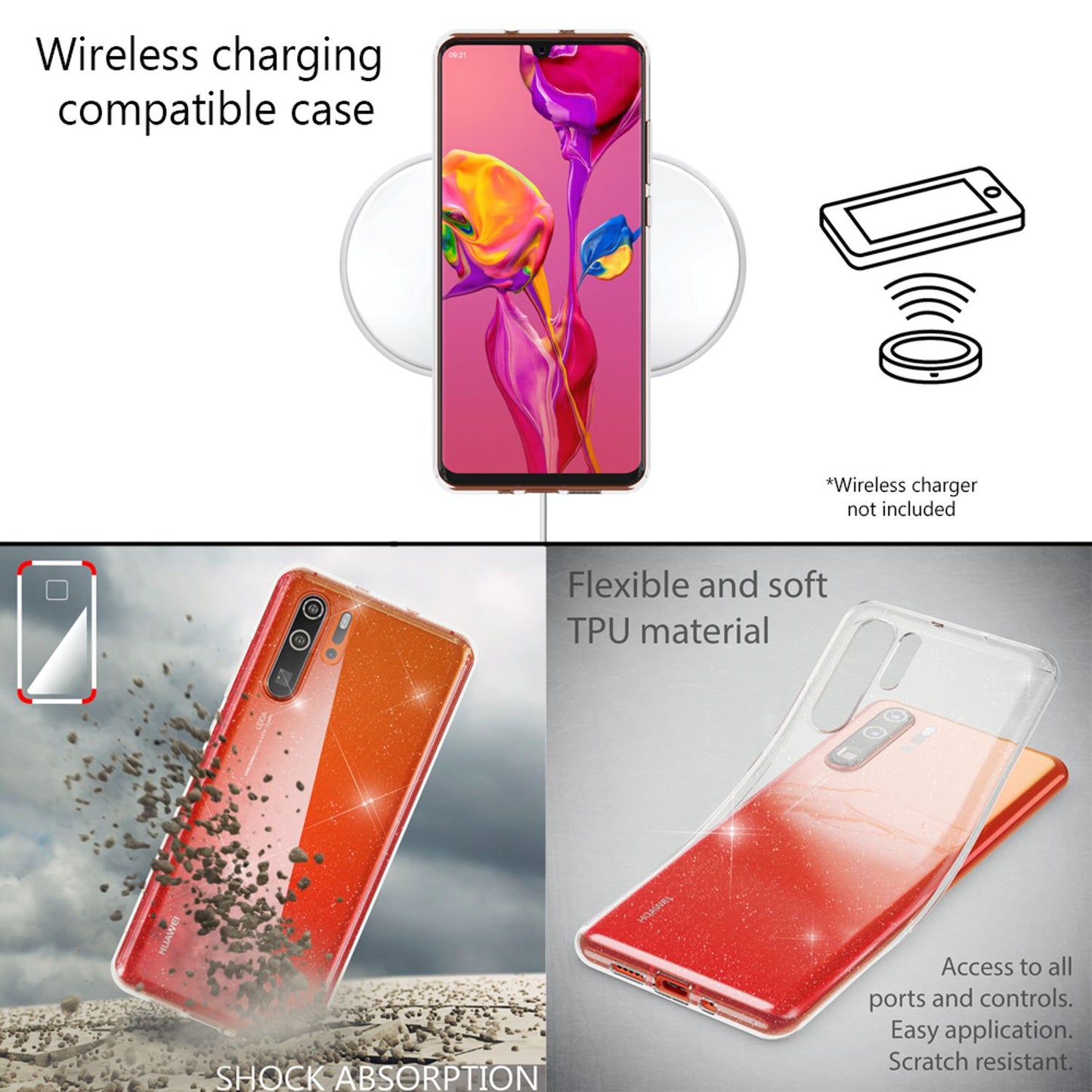 NALIA Glitter Case compatible with Huawei P30 Pro, Glitter Silicone Case Cover