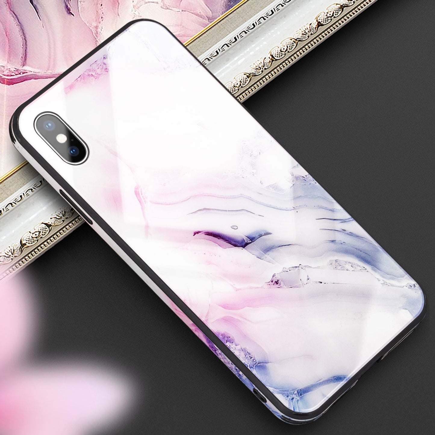 NALIA Handy Hülle für iPhone X / XS, Hartglas Marmor Design Schutz Case Cover