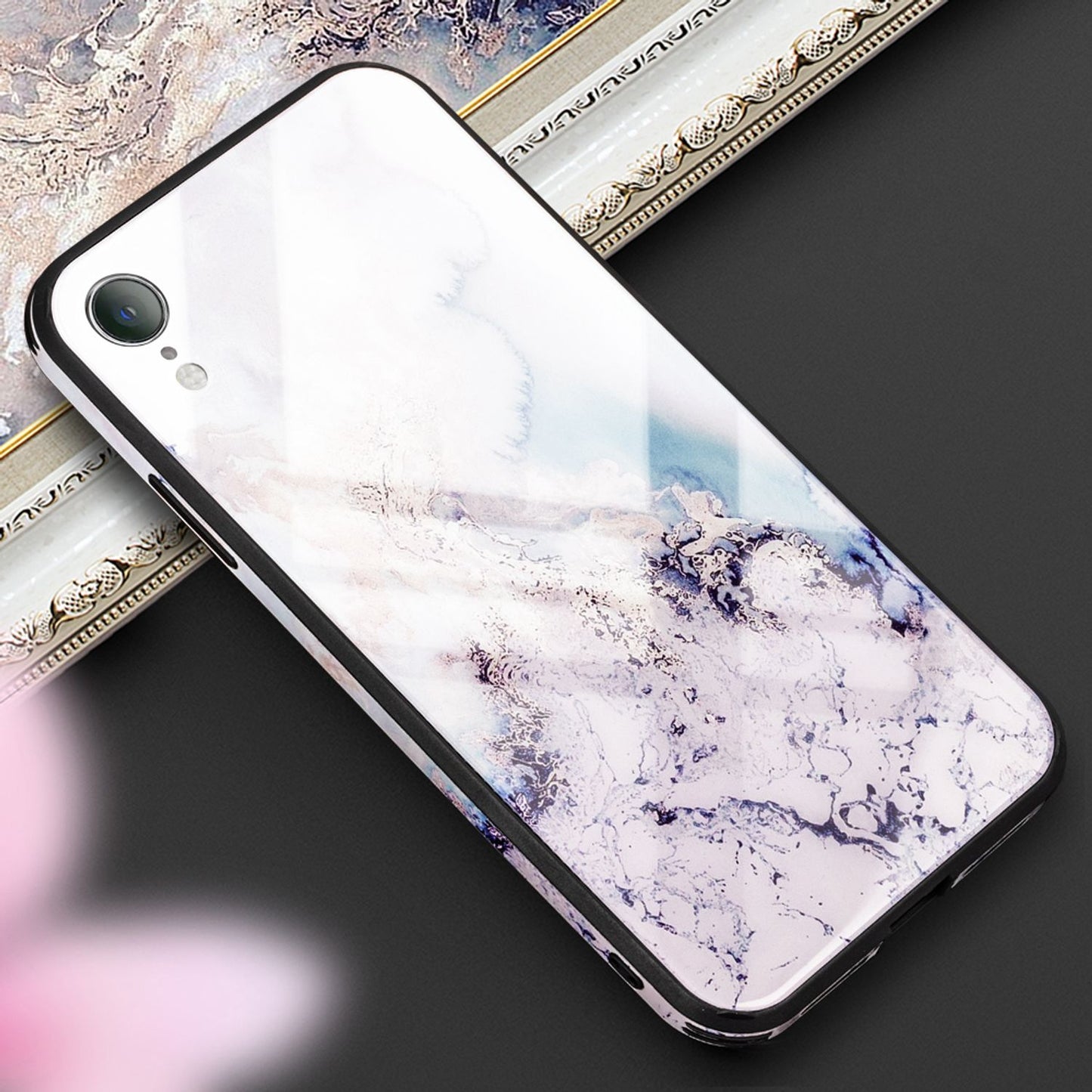 NALIA símahulstur fyrir iPhone XR, hertu gleri með marmarahönnun, hulstur með stuðara
