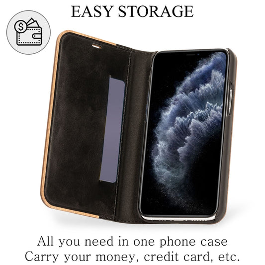 NALIA Flip-hulstur úr ekta tré fyrir iPhone 11, úrvals símahulstur úr tré