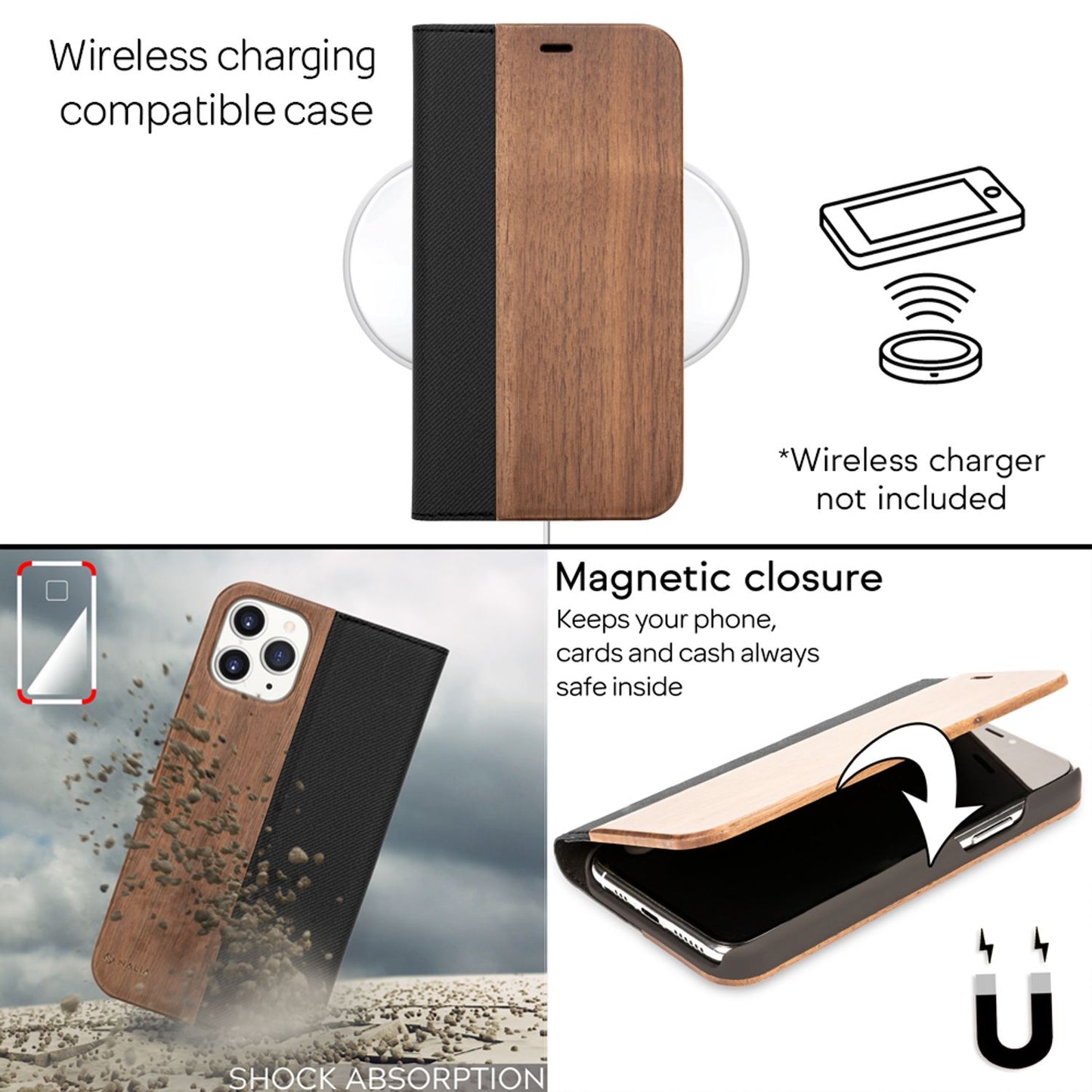 NALIA Echt Holz Flip Case für iPhone 11 Pro Max, Wood Etui Handy Hülle Cover