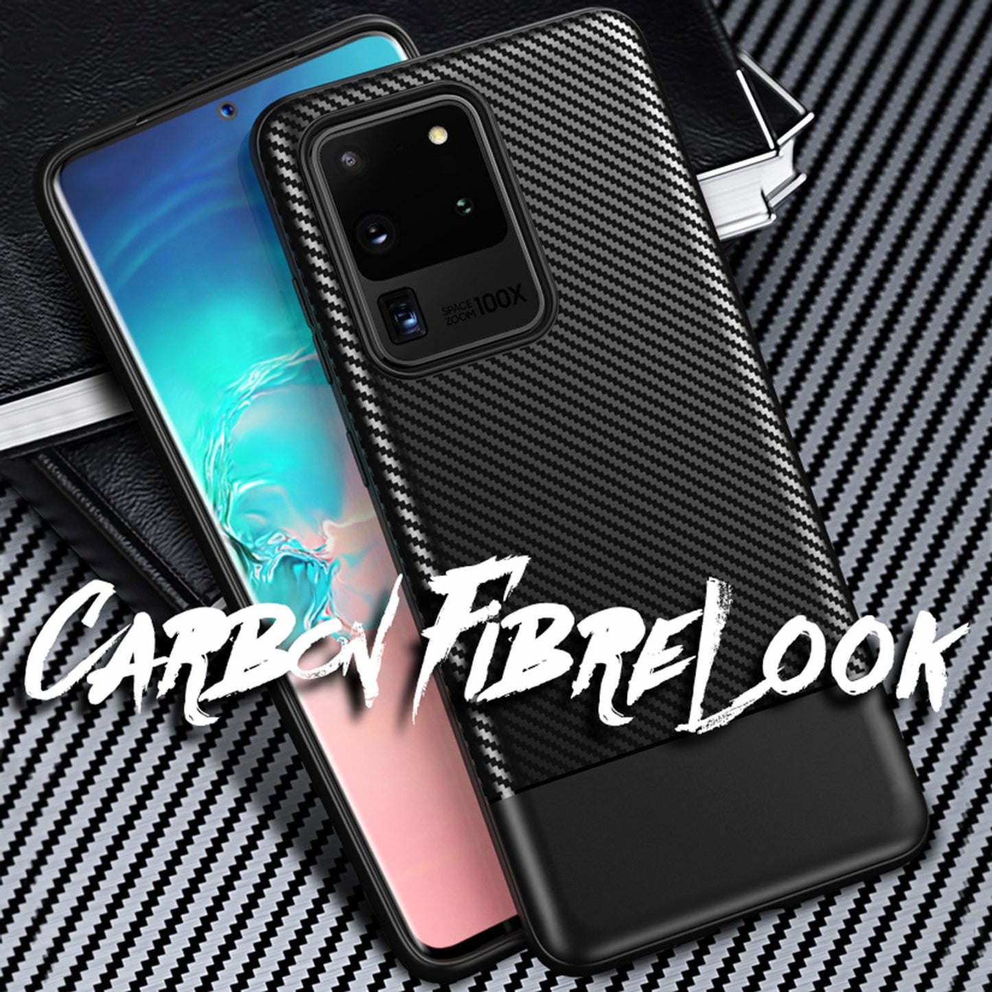 NALIA Carbon hulstur fyrir Samsung Galaxy S20 Ultra, sílikon símahulstur