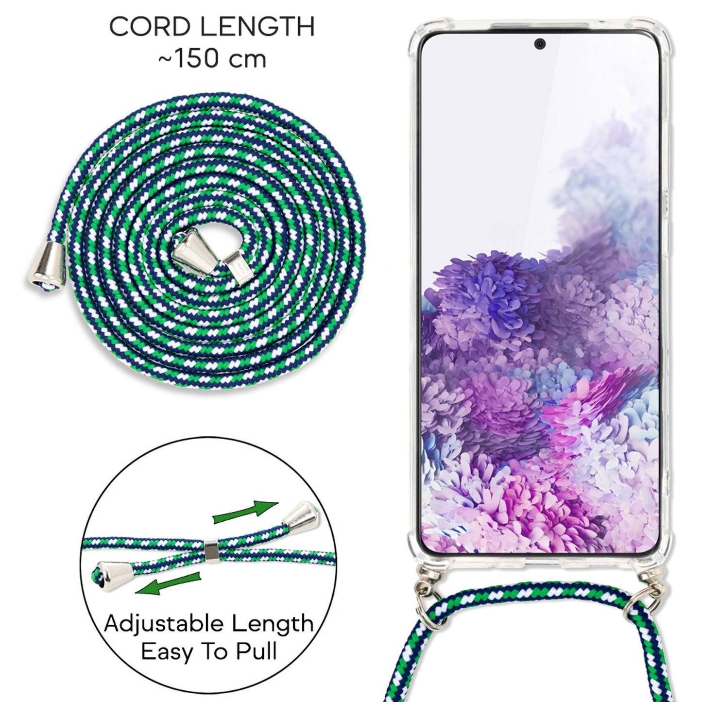 NALIA símahulstur með keðju fyrir Samsung Galaxy S20, mjúkt símahulstur með snúru