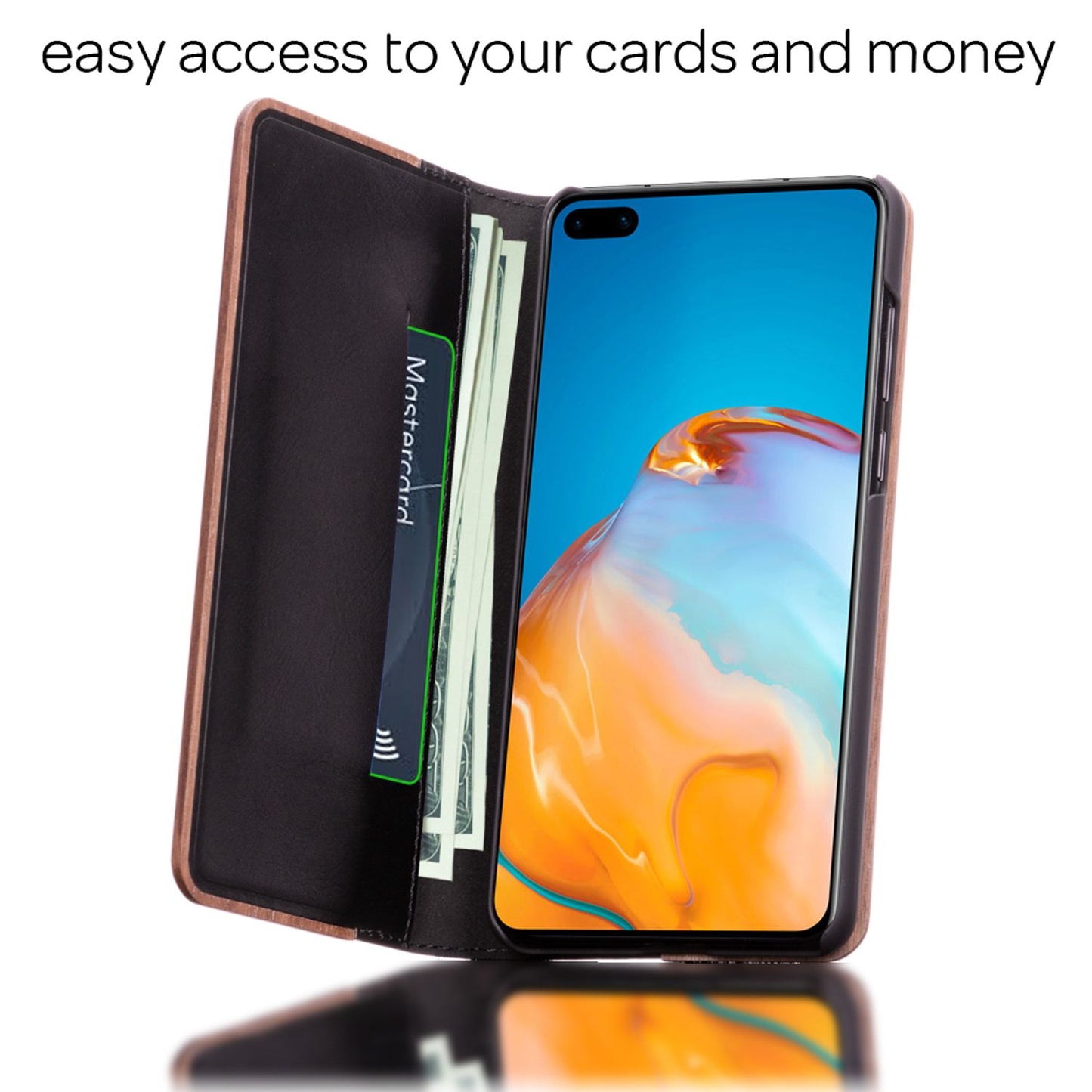 NALIA Flip-hulstur úr ekta tré fyrir Huawei P40, tréhulstur fyrir síma, 360° flip-hulstur