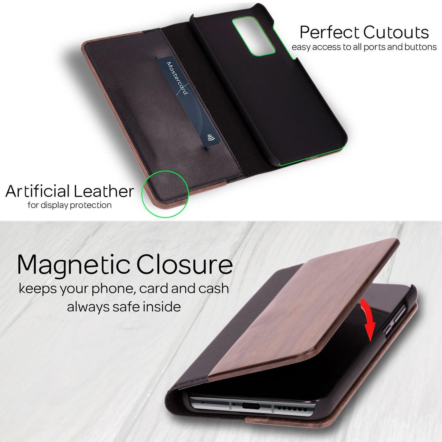 NALIA Flip-hulstur úr ekta tré fyrir Huawei P40, tréhulstur fyrir síma, 360° flip-hulstur