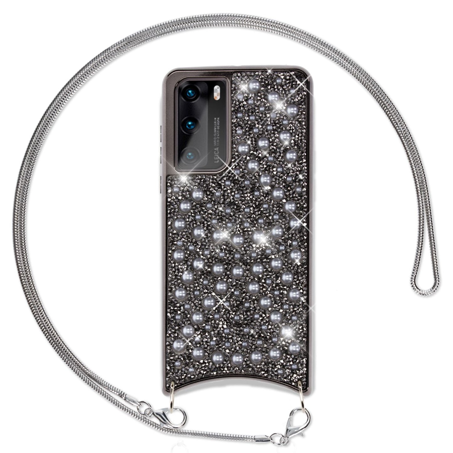 NALIA Glitter Case with Chain for Huawei P40, Phone Case with Crossbody Strap Cover