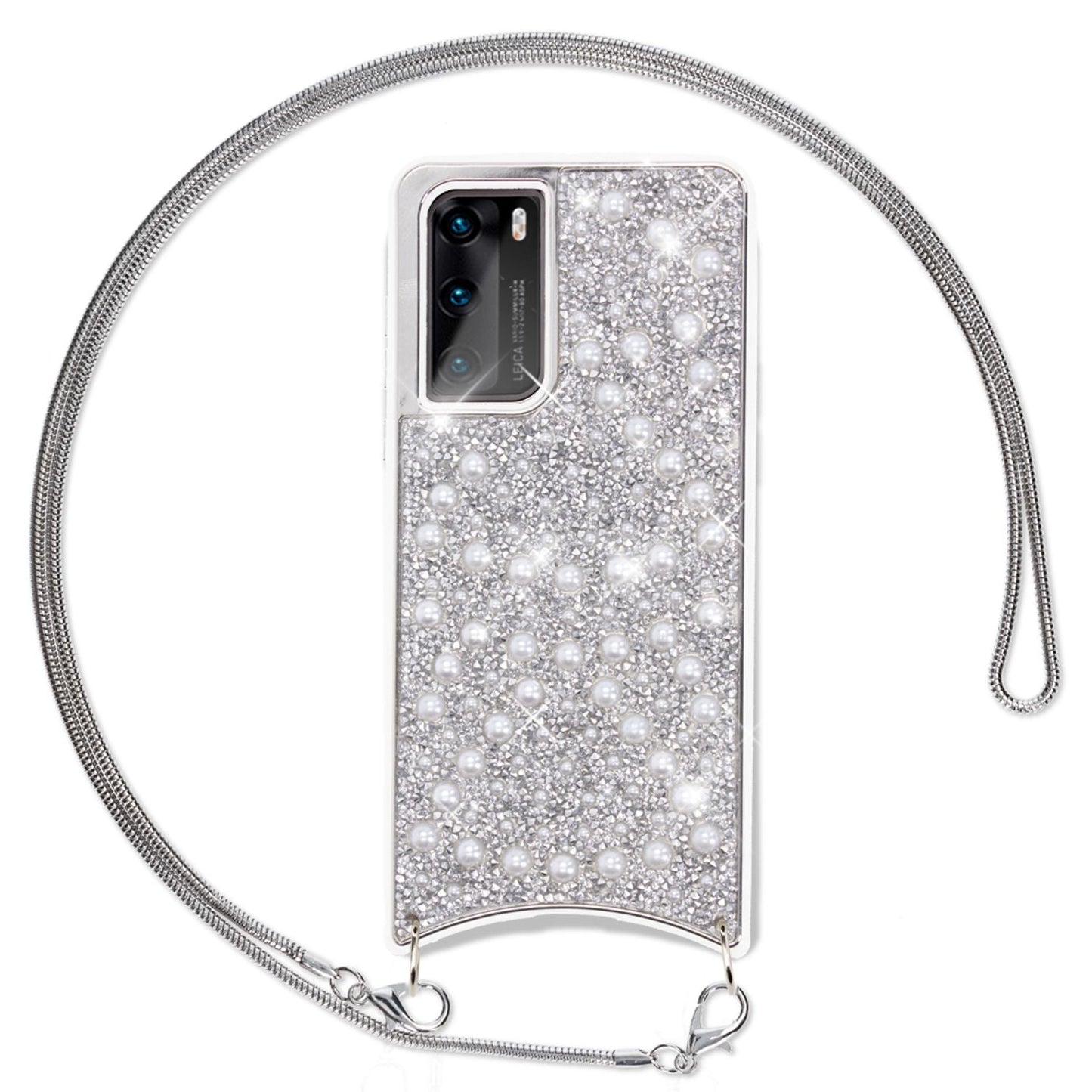 NALIA Glitter Case with Chain for Huawei P40, Phone Case with Crossbody Strap Cover