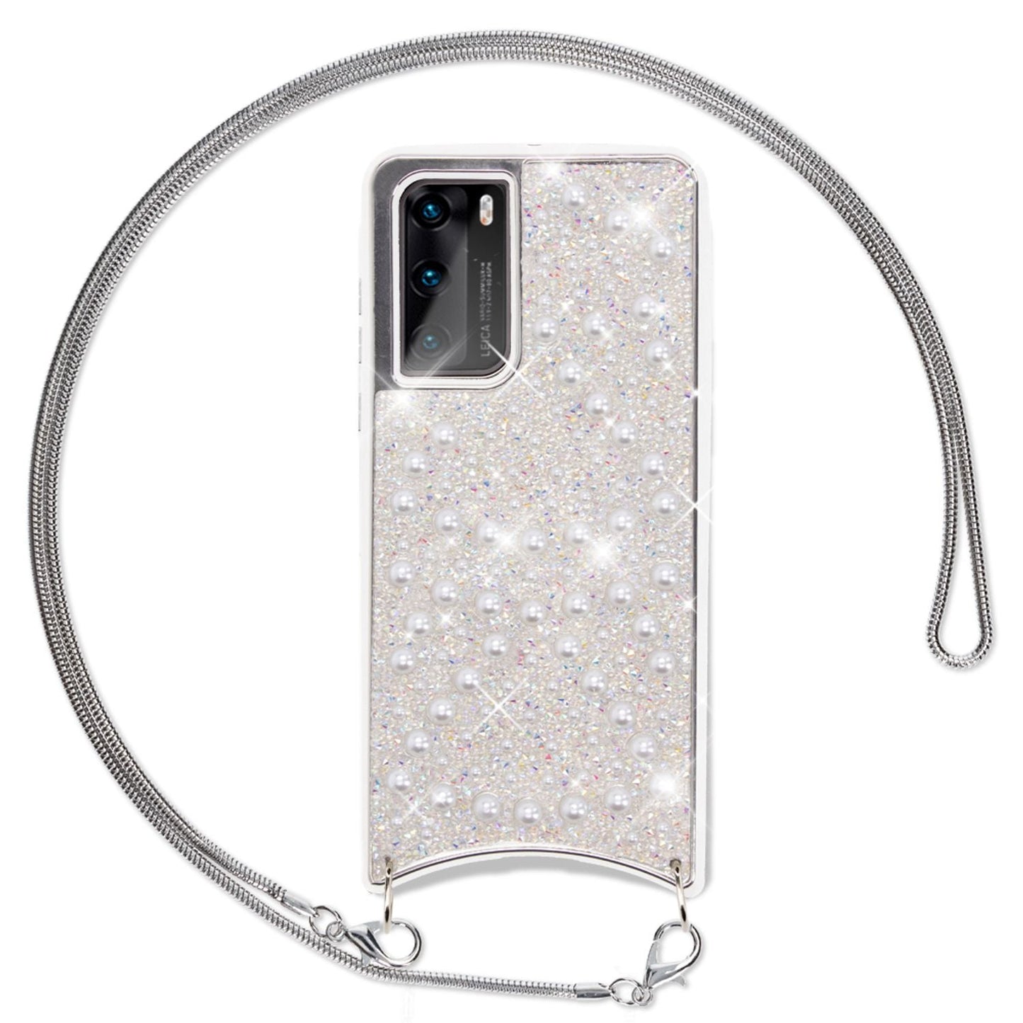 NALIA Glitter Case with Chain for Huawei P40, Phone Case with Crossbody Strap Cover