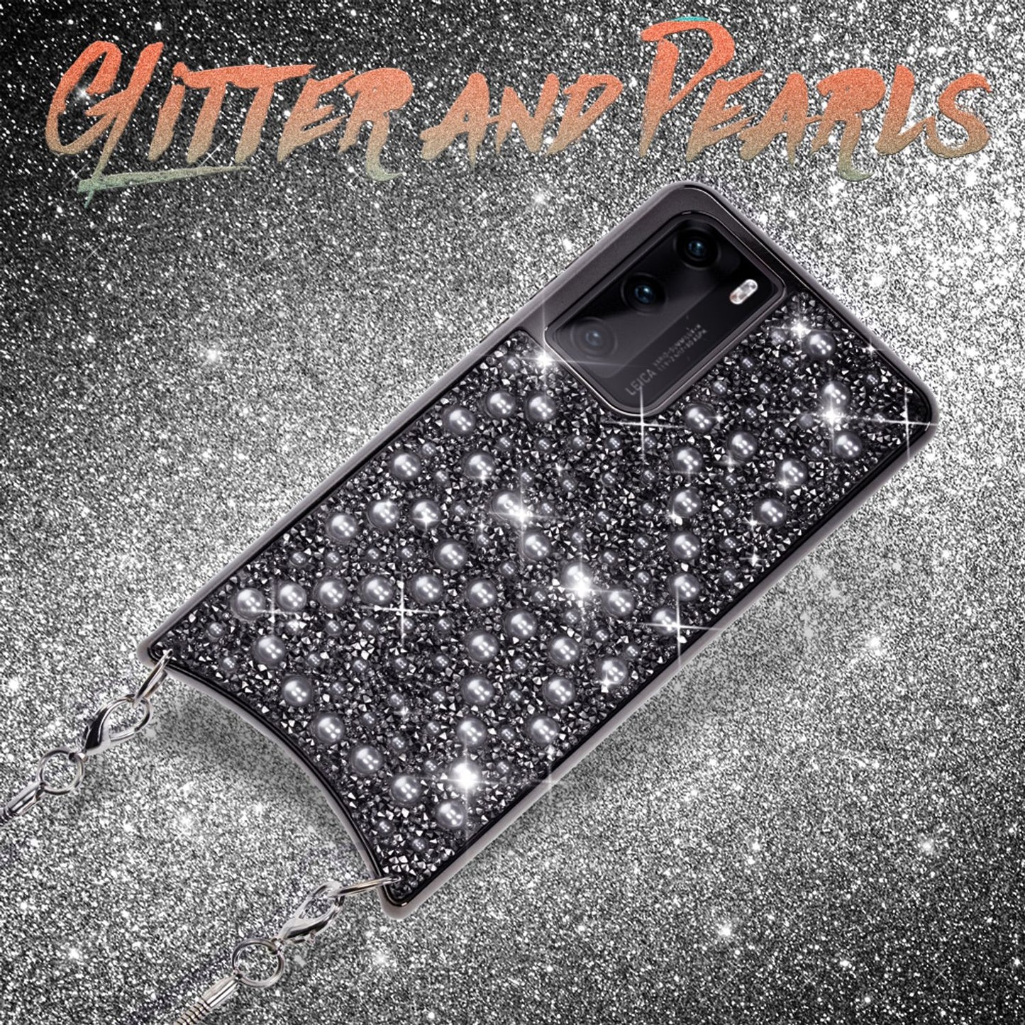 NALIA Glitter Case with Chain for Huawei P40, Phone Case with Crossbody Strap Cover