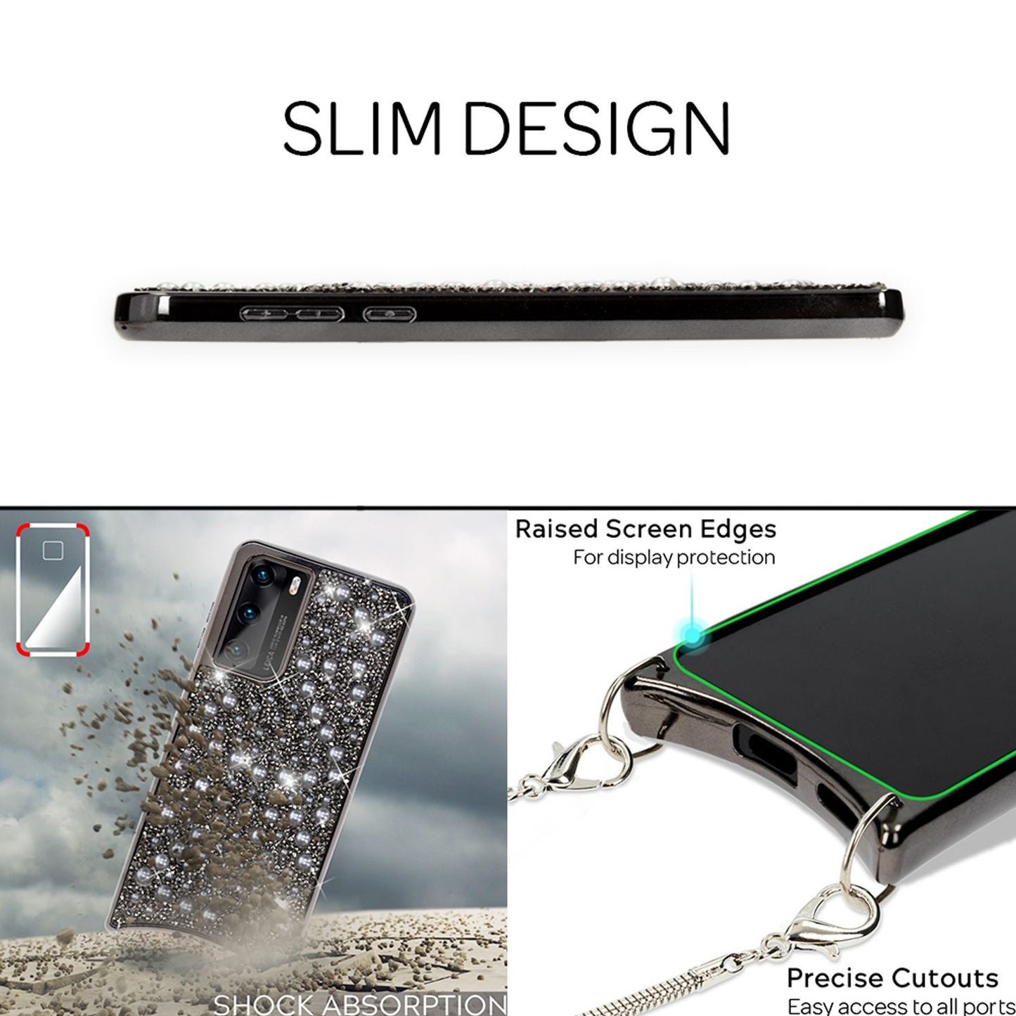 NALIA Glitter Case with Chain for Huawei P40, Phone Case with Crossbody Strap Cover