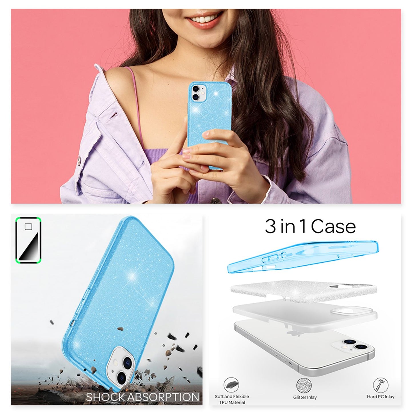 NALIA glitrandi símahulstur fyrir iPhone 12 Mini, Bling hulstur með glitrandi vernd