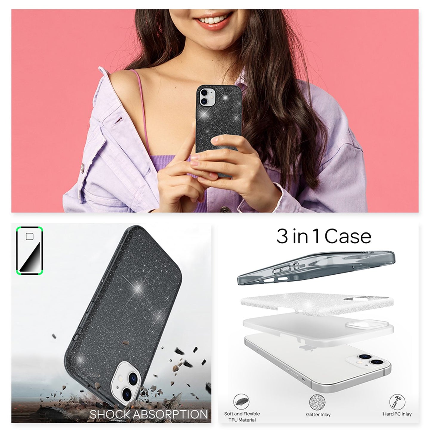 NALIA glitrandi símahulstur fyrir iPhone 12 Mini, Bling hulstur með glitrandi vernd