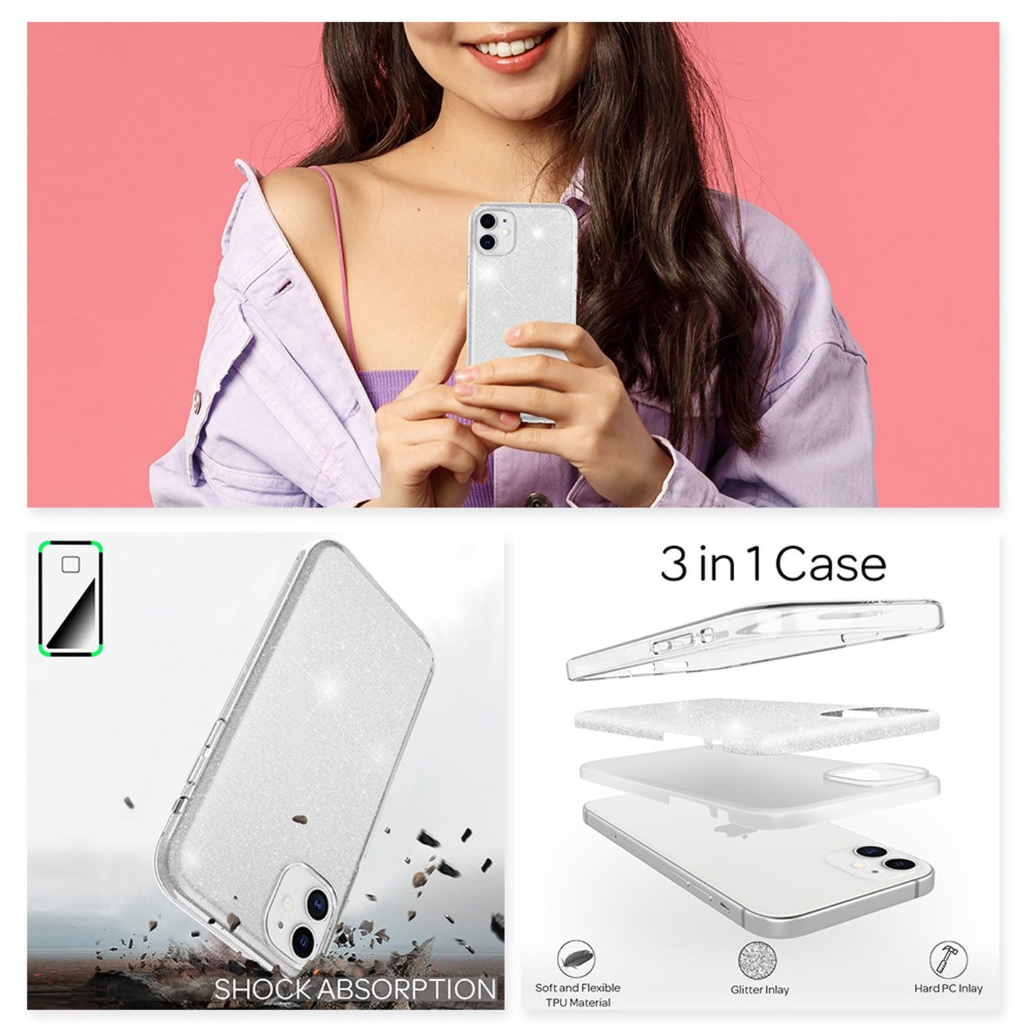 NALIA glitrandi símahulstur fyrir iPhone 12 / 12 Pro, glitrandi hlífðarhulstur