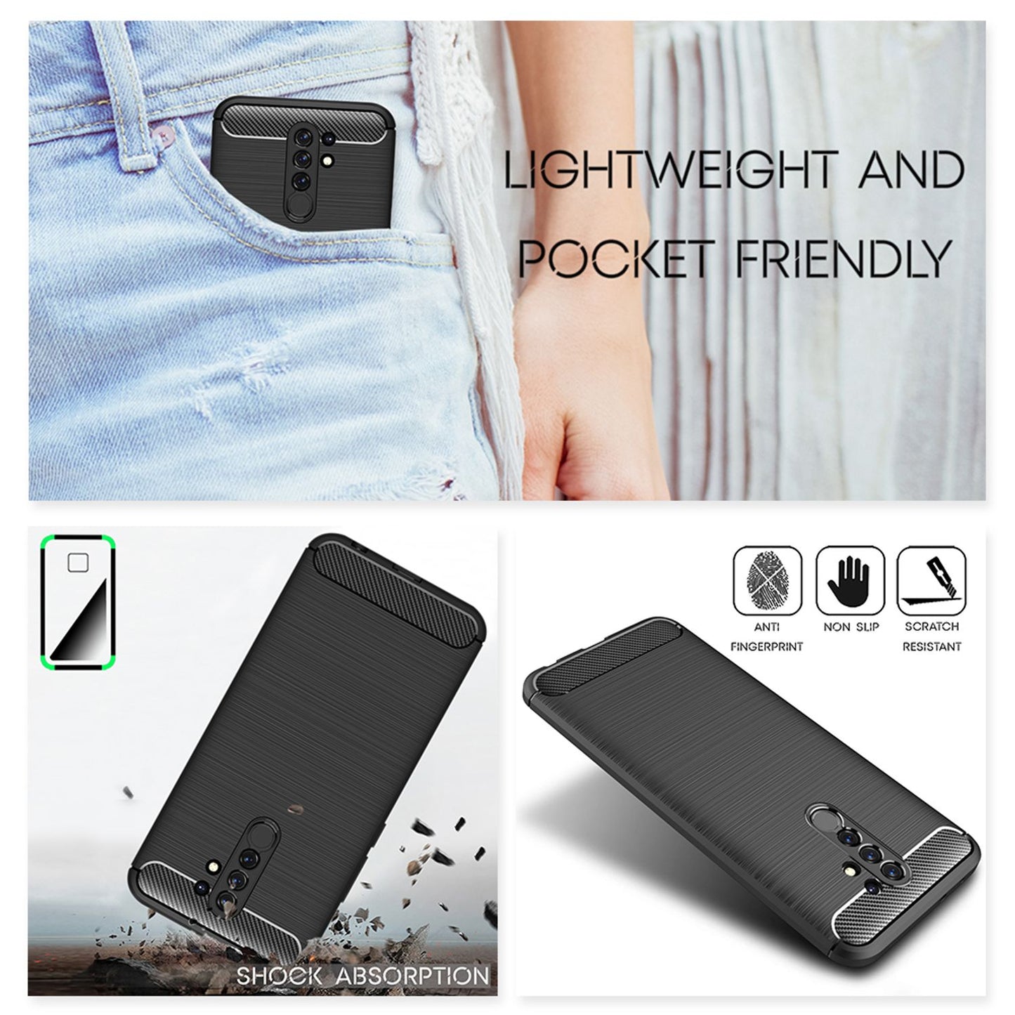 NALIA Phone Case for Xiaomi Redmi 9, Carbon Look Silicone Protective Case Cover TPU