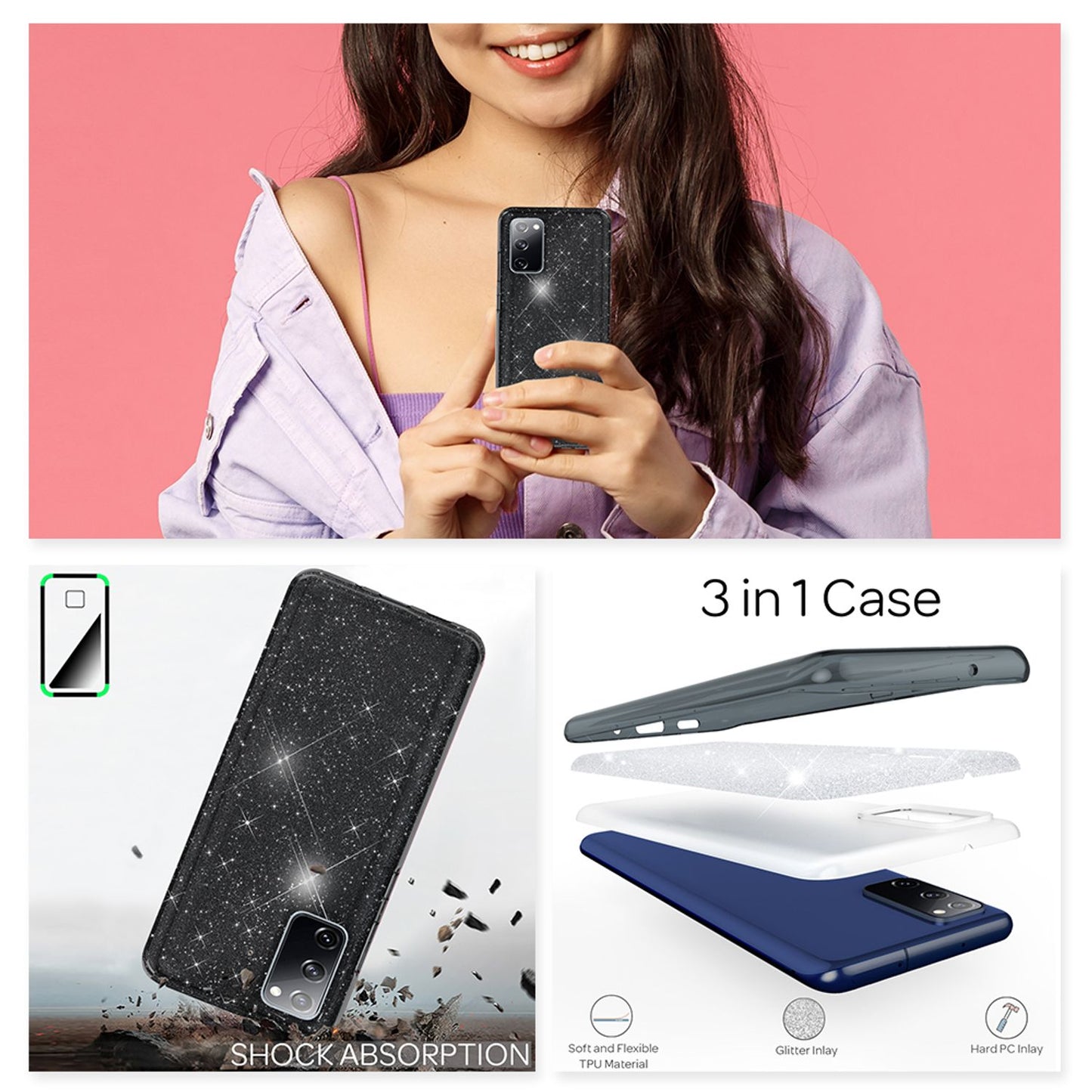 NALIA Glitzer Handyhülle für Samsung Galaxy S20 FE, Bling Handy Cover Schutz Case TPU