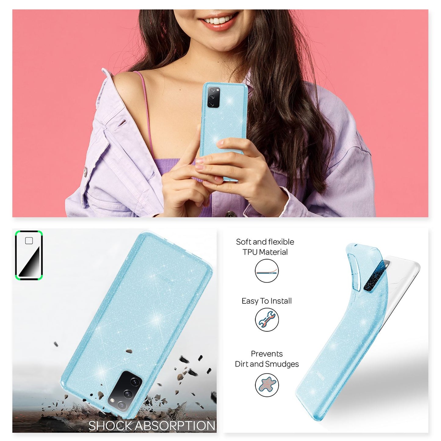 NALIA Glært glitrandi símahulstur fyrir Samsung Galaxy S20 FE, glitrandi símahulstur með bling-hlíf