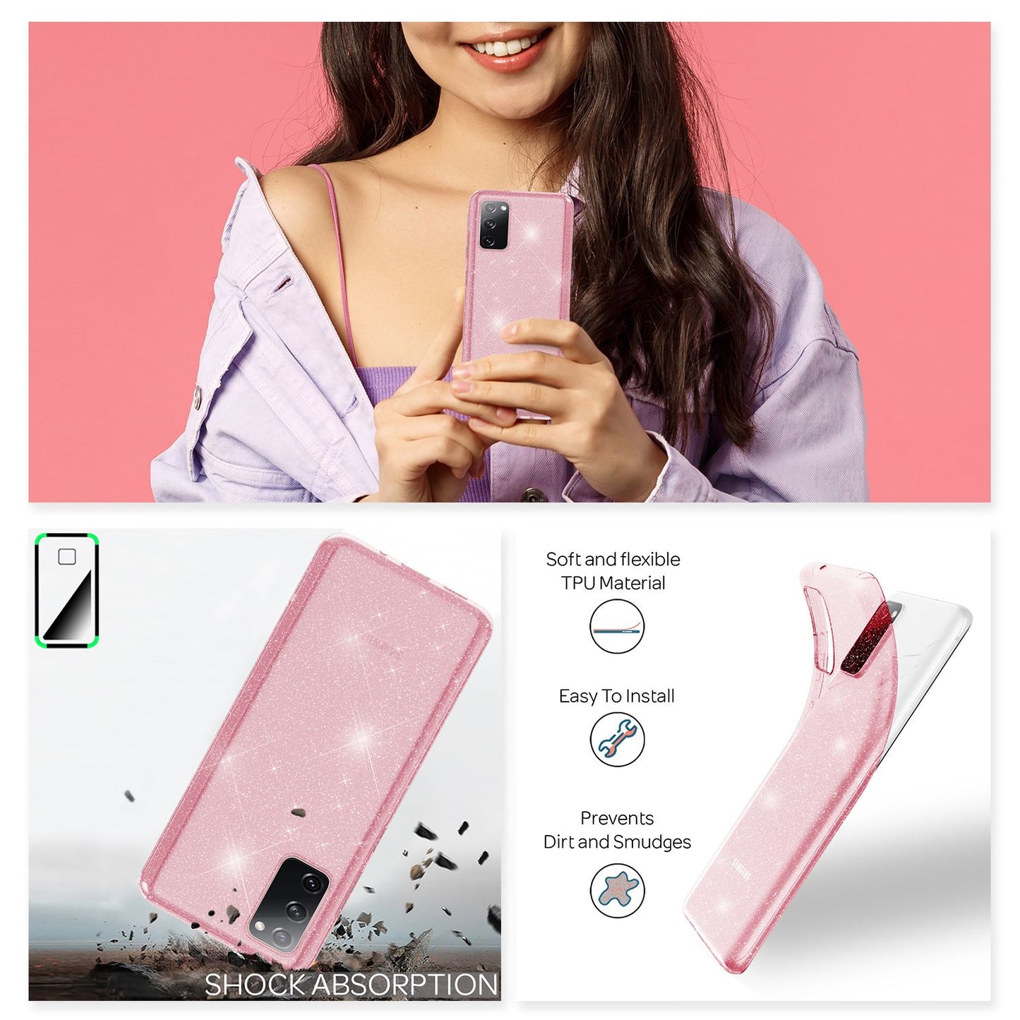 NALIA Glært glitrandi símahulstur fyrir Samsung Galaxy S20 FE, glitrandi símahulstur með bling-hlíf