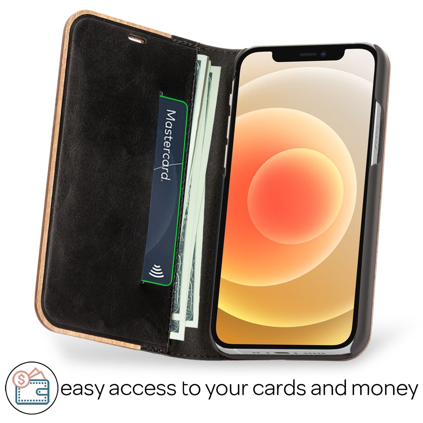 NALIA Flip-hulstur úr ekta tré fyrir iPhone 12 Mini, úrvals viðarhulstur með stuðara