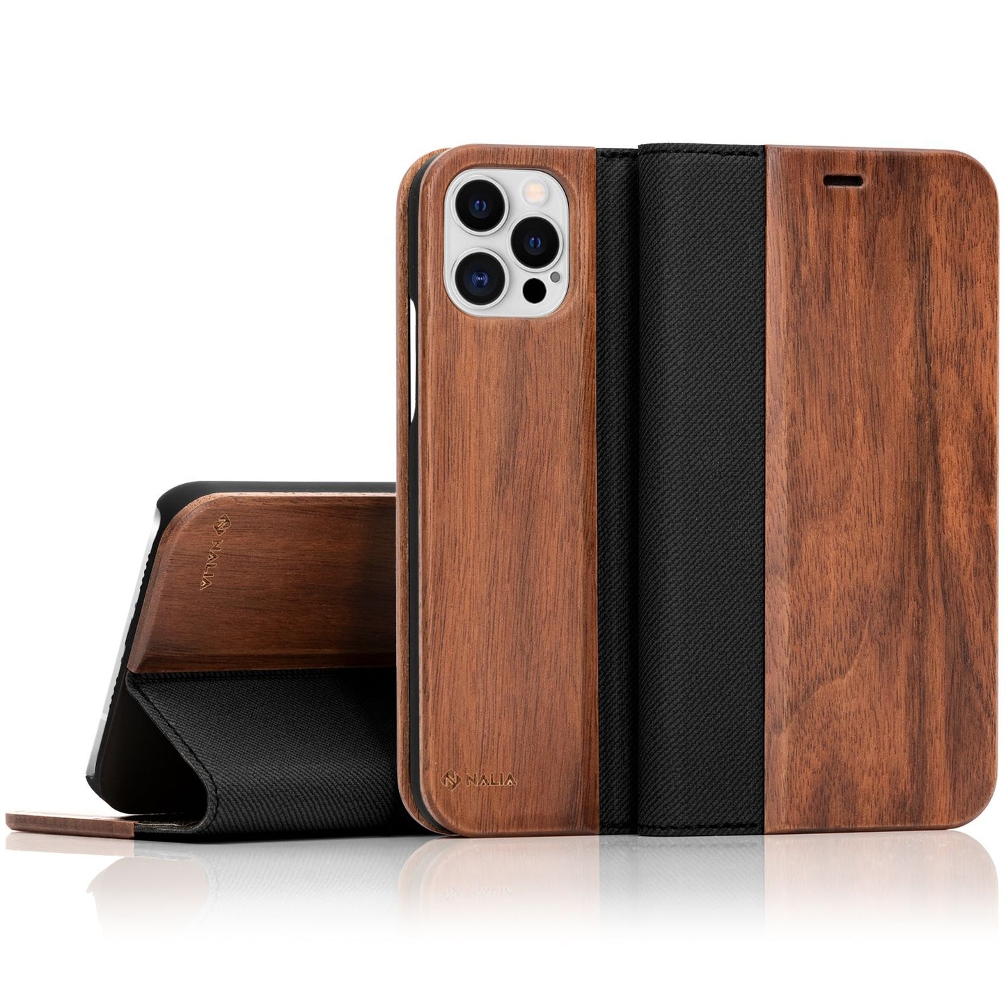 NALIA Real Wood Flip Case for iPhone 12 Pro Max, Wood Case Phone Cover Bumper