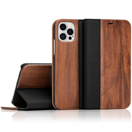 NALIA Real Wood Flip Case for iPhone 12 Pro Max, Wood Case Phone Cover Bumper