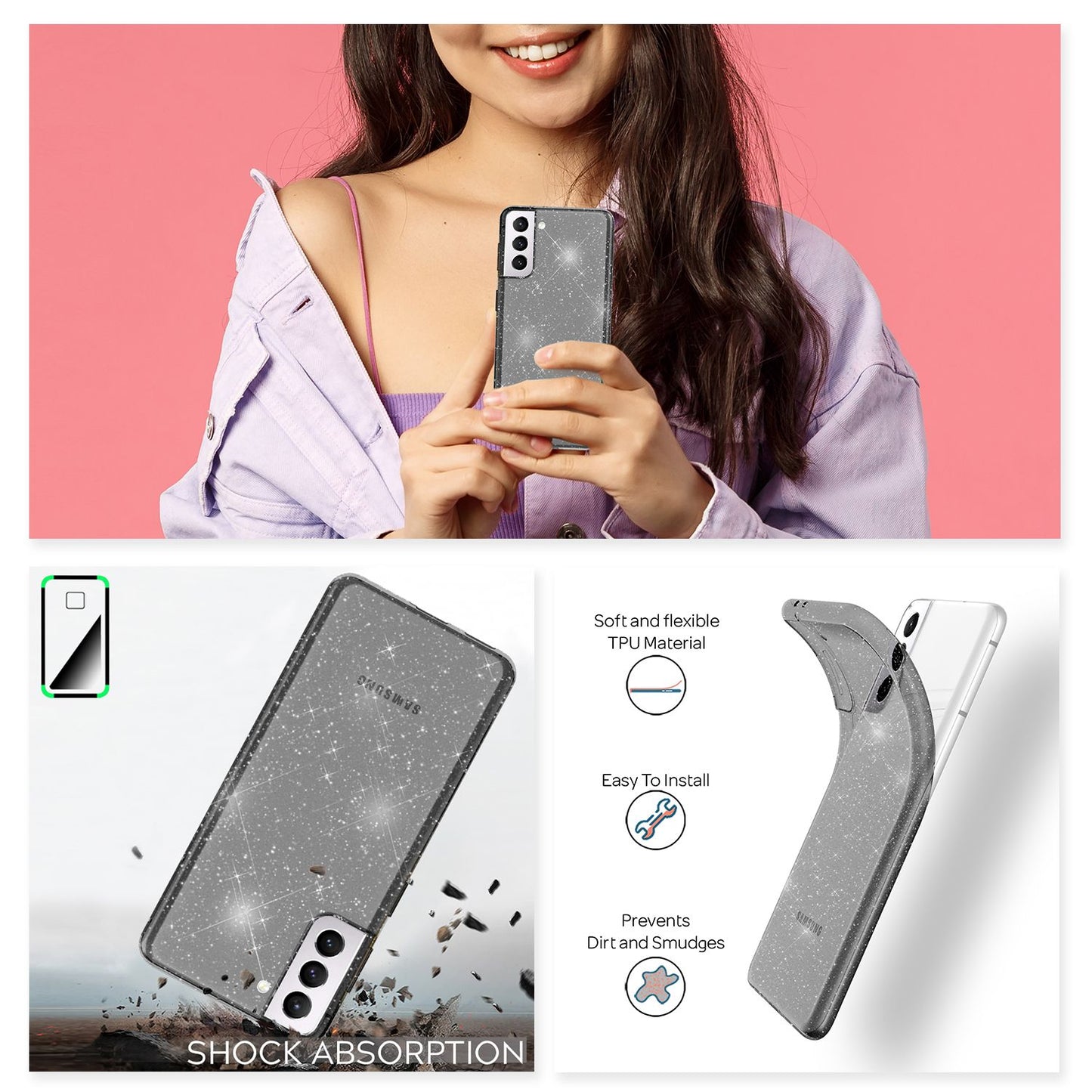 NALIA glitrandi símahulstur fyrir Samsung Galaxy S21, glitrandi símahulstur með verndarhlíf