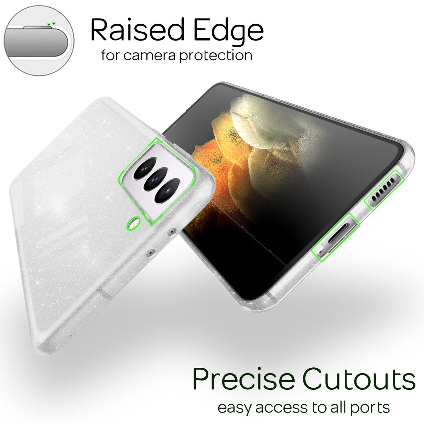 NALIA glitrandi símahulstur fyrir Samsung Galaxy S21, glitrandi símahulstur með verndarhlíf