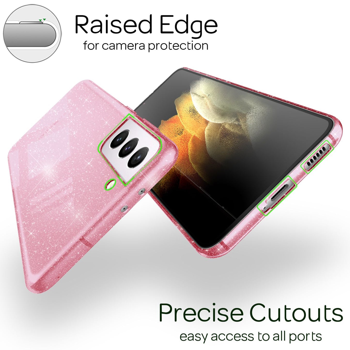 NALIA glitrandi símahulstur fyrir Samsung Galaxy S21, glitrandi símahulstur með verndarhlíf