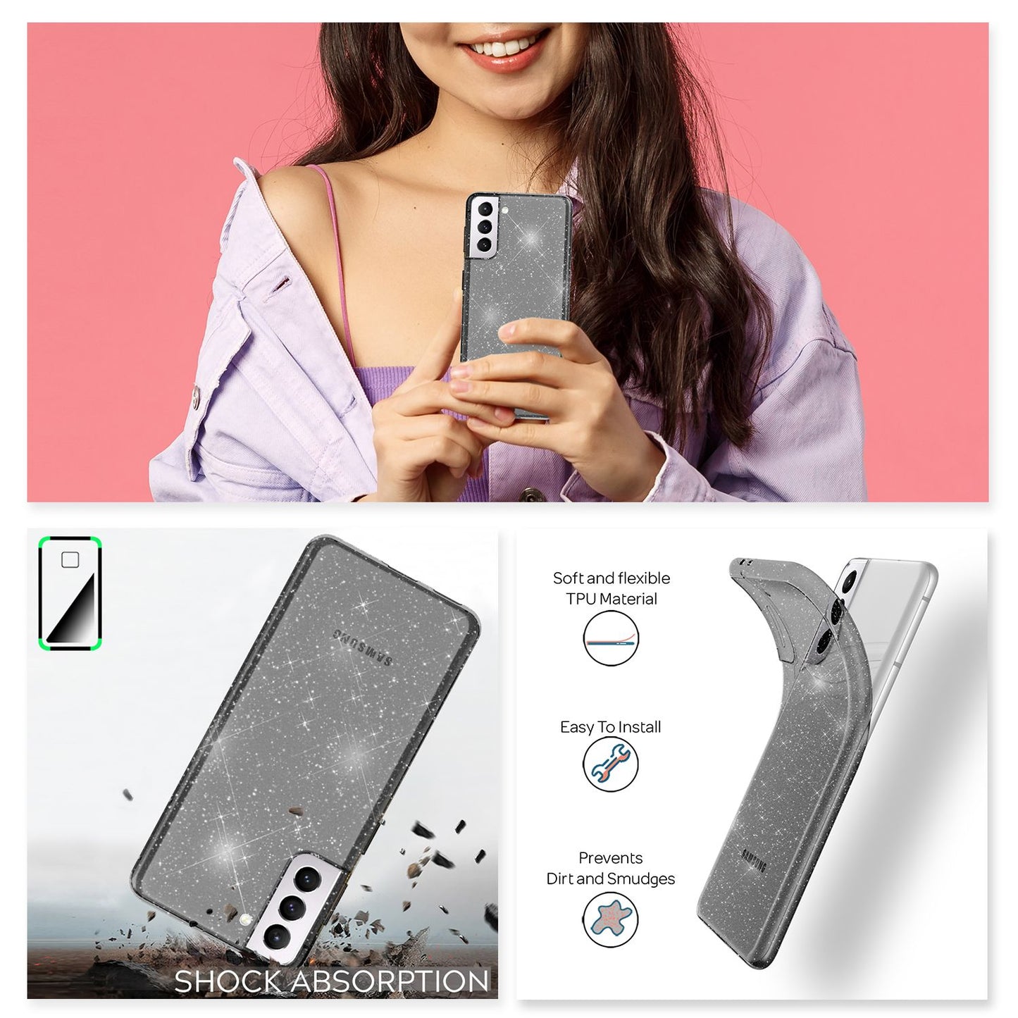 NALIA glitrandi símahulstur fyrir Samsung Galaxy S21 Plus, glitrandi símahulstur með vernd