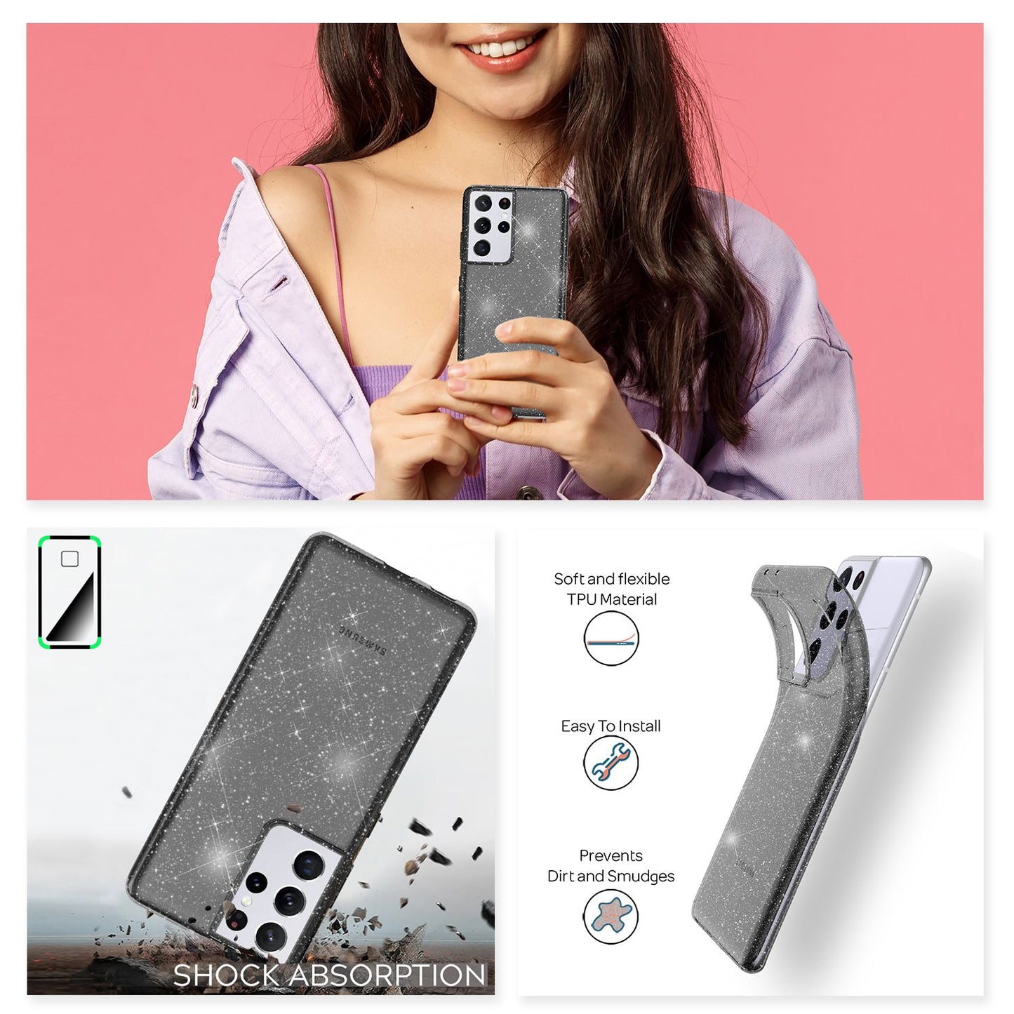 NALIA glitrandi símahulstur fyrir Samsung Galaxy S21 Ultra, verndandi hulstur