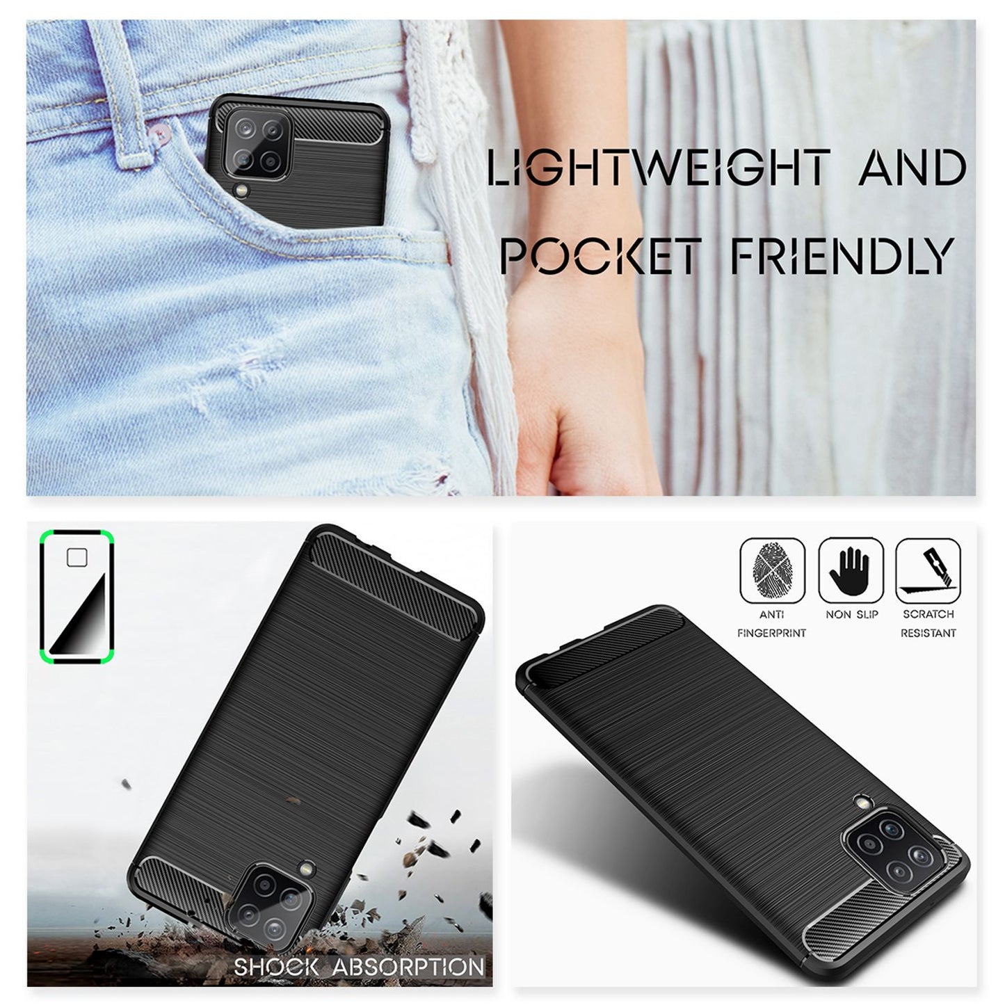 NALIA Design Phone Case for Samsung Galaxy A12, Carbon Look Case Cover Bumper