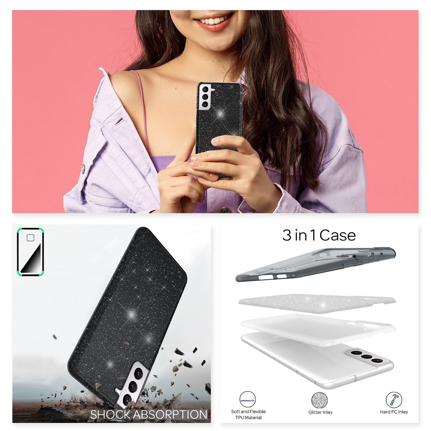 NALIA glitrandi símahulstur fyrir Samsung Galaxy S21, bakhlið með demöntum og steinum