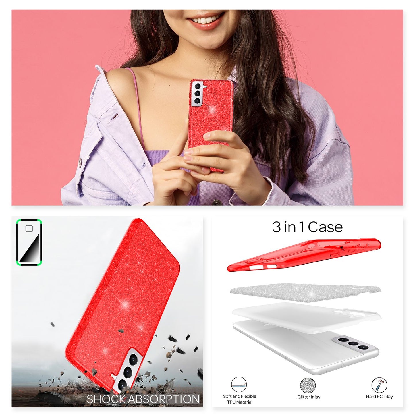 NALIA glitrandi símahulstur fyrir Samsung Galaxy S21, bakhlið með demöntum og steinum