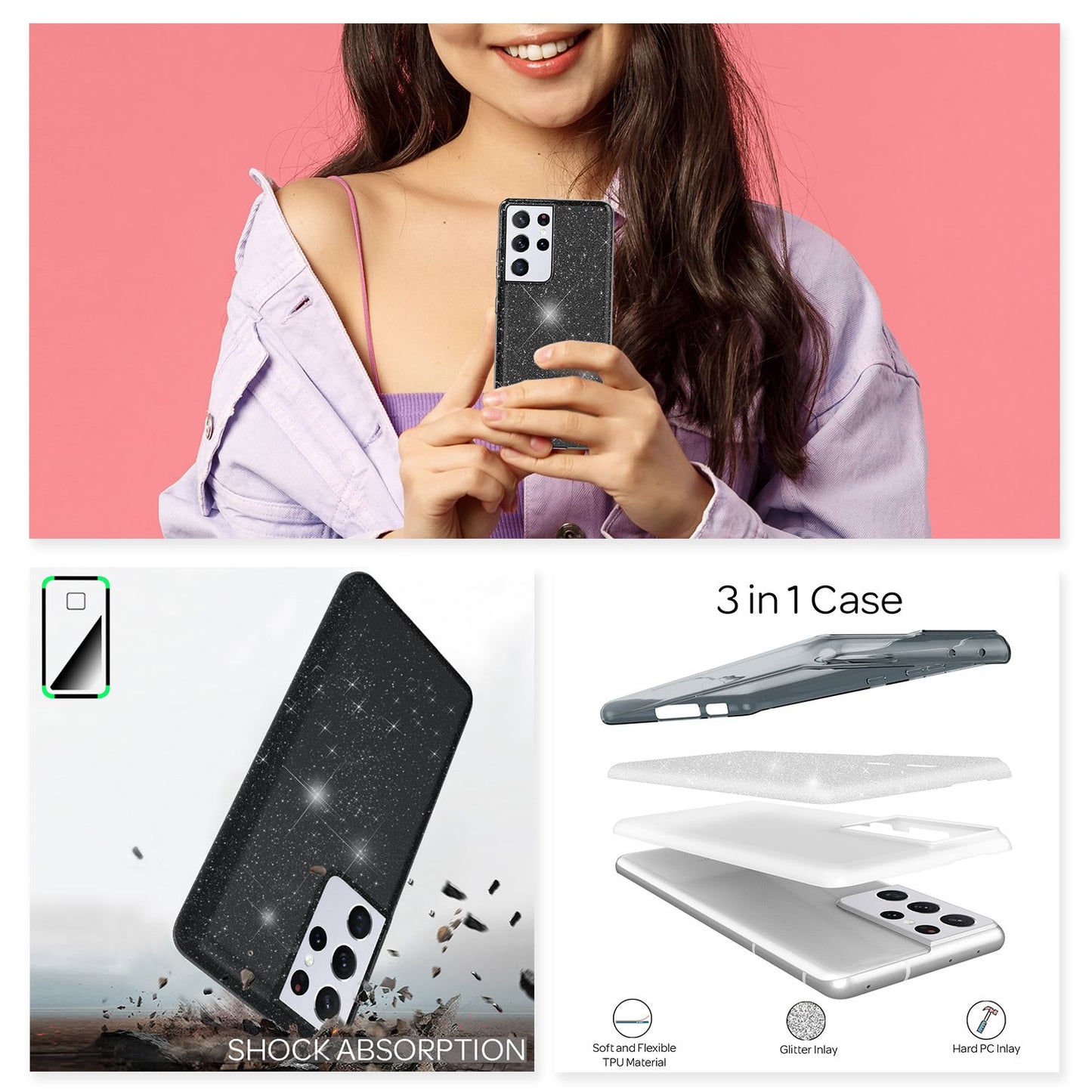 NALIA glitrandi símahulstur fyrir Samsung Galaxy S21 Ultra, demantshulstur með glitrandi bling-mynstri