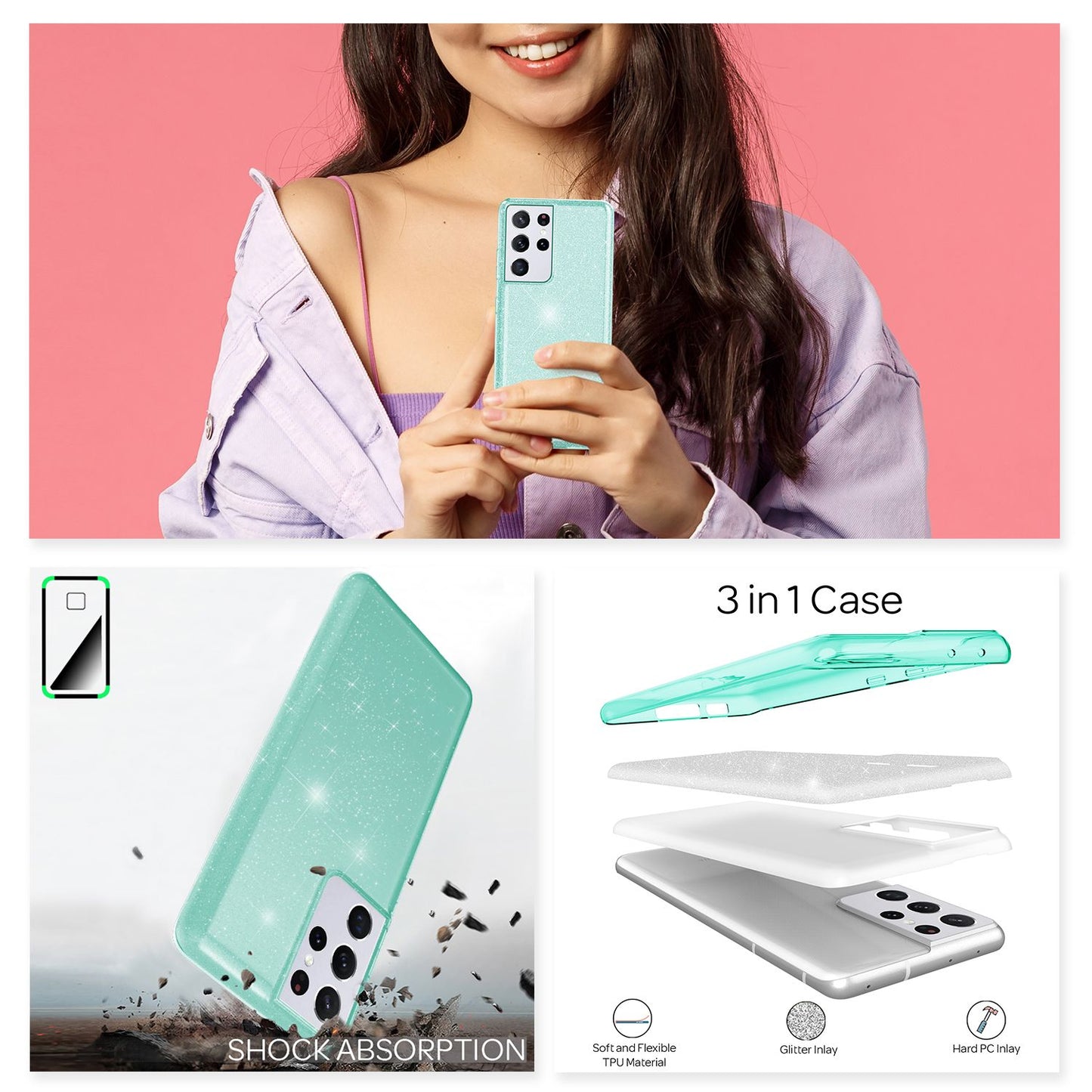 NALIA glitrandi símahulstur fyrir Samsung Galaxy S21 Ultra, demantshulstur með glitrandi bling-mynstri