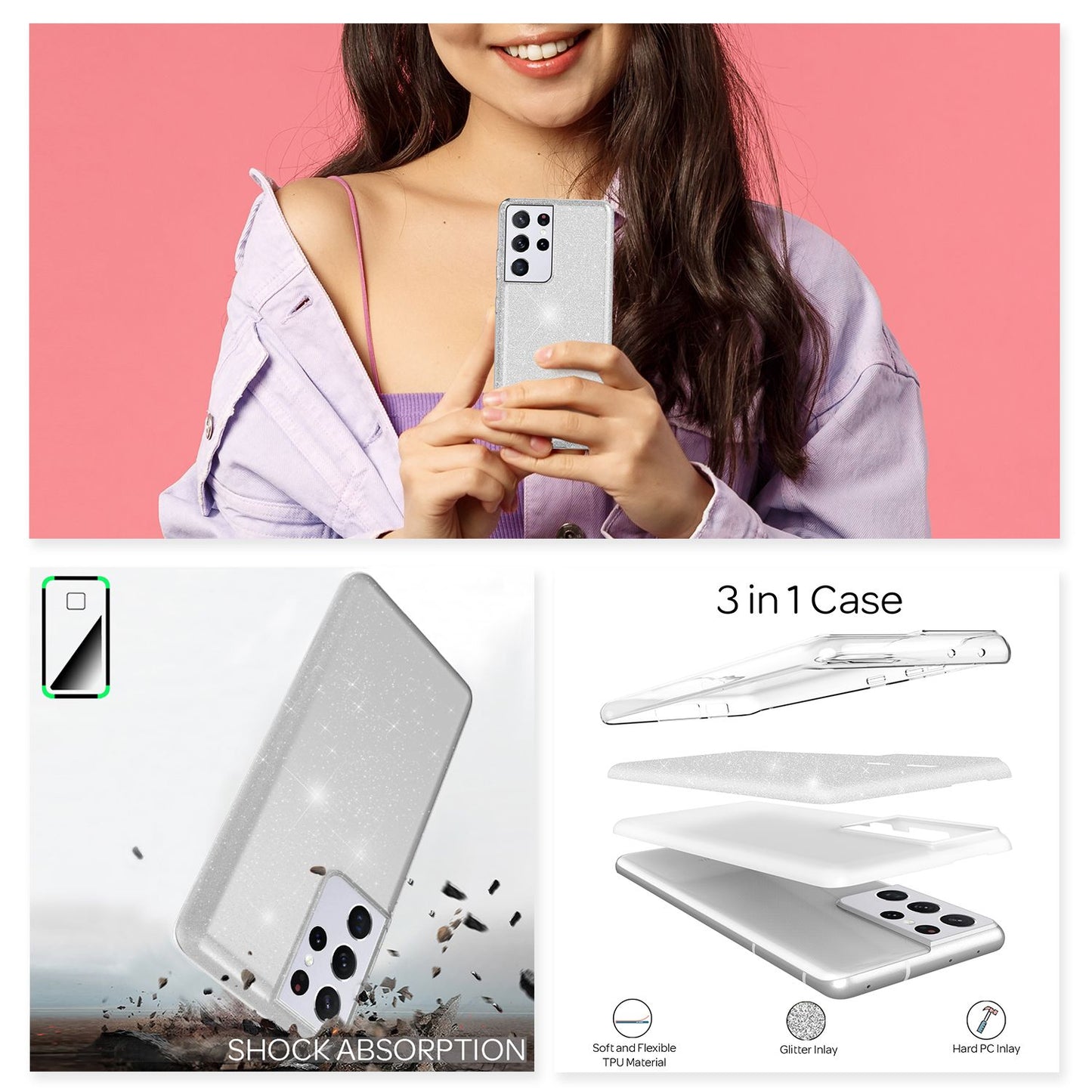 NALIA glitrandi símahulstur fyrir Samsung Galaxy S21 Ultra, demantshulstur með glitrandi bling-mynstri