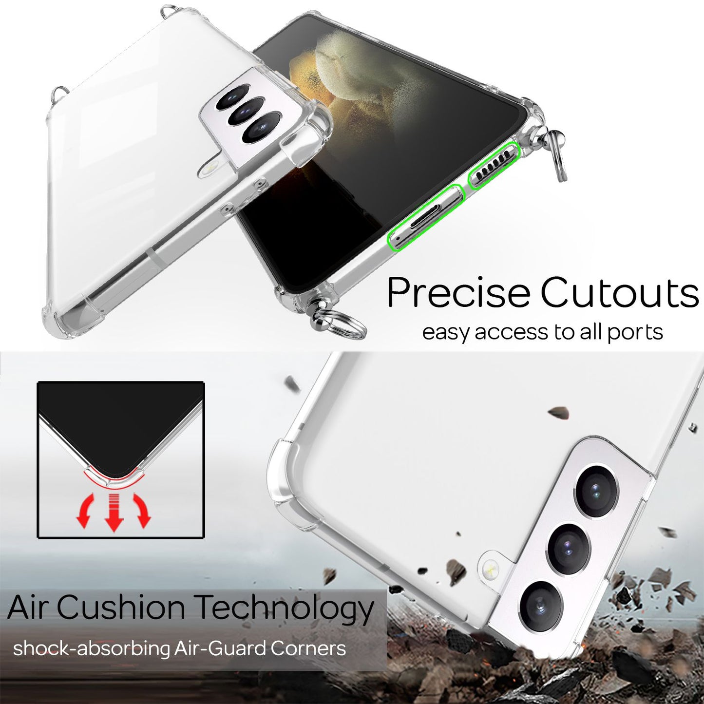 NALIA Klare Handy Hülle mit Kette für Samsung Galaxy S21, Band Case Kordel Cover