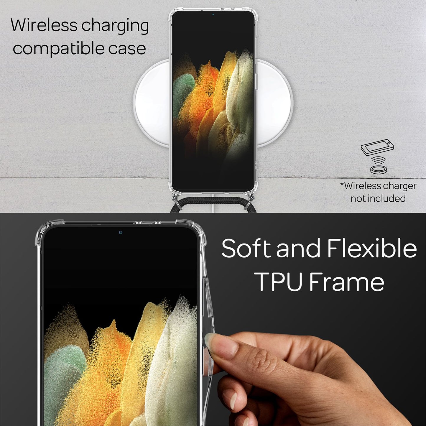 NALIA Klare Handy Hülle mit Kette für Samsung Galaxy S21, Band Case Kordel Cover