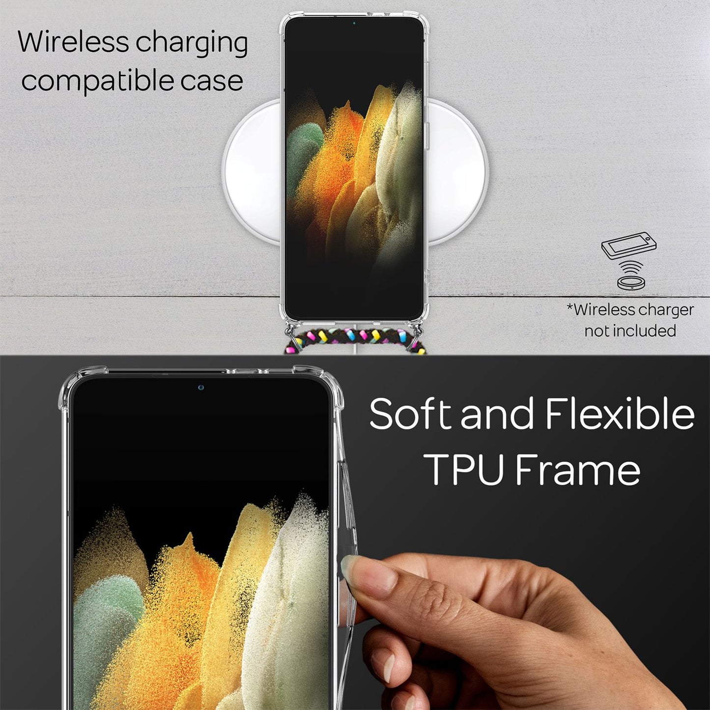 NALIA Klare Handy Hülle mit Kette für Samsung Galaxy S21, Band Case Kordel Cover