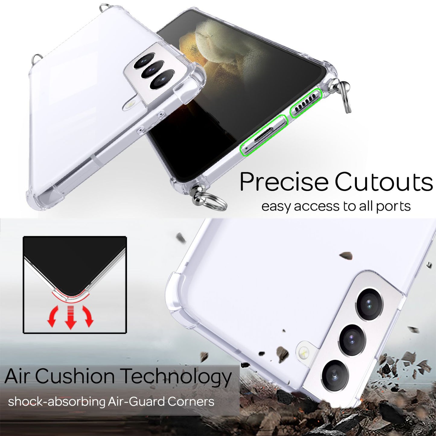 NALIA Clear Phone Case with Chain for Samsung Galaxy S21 Plus, Band Case Cover