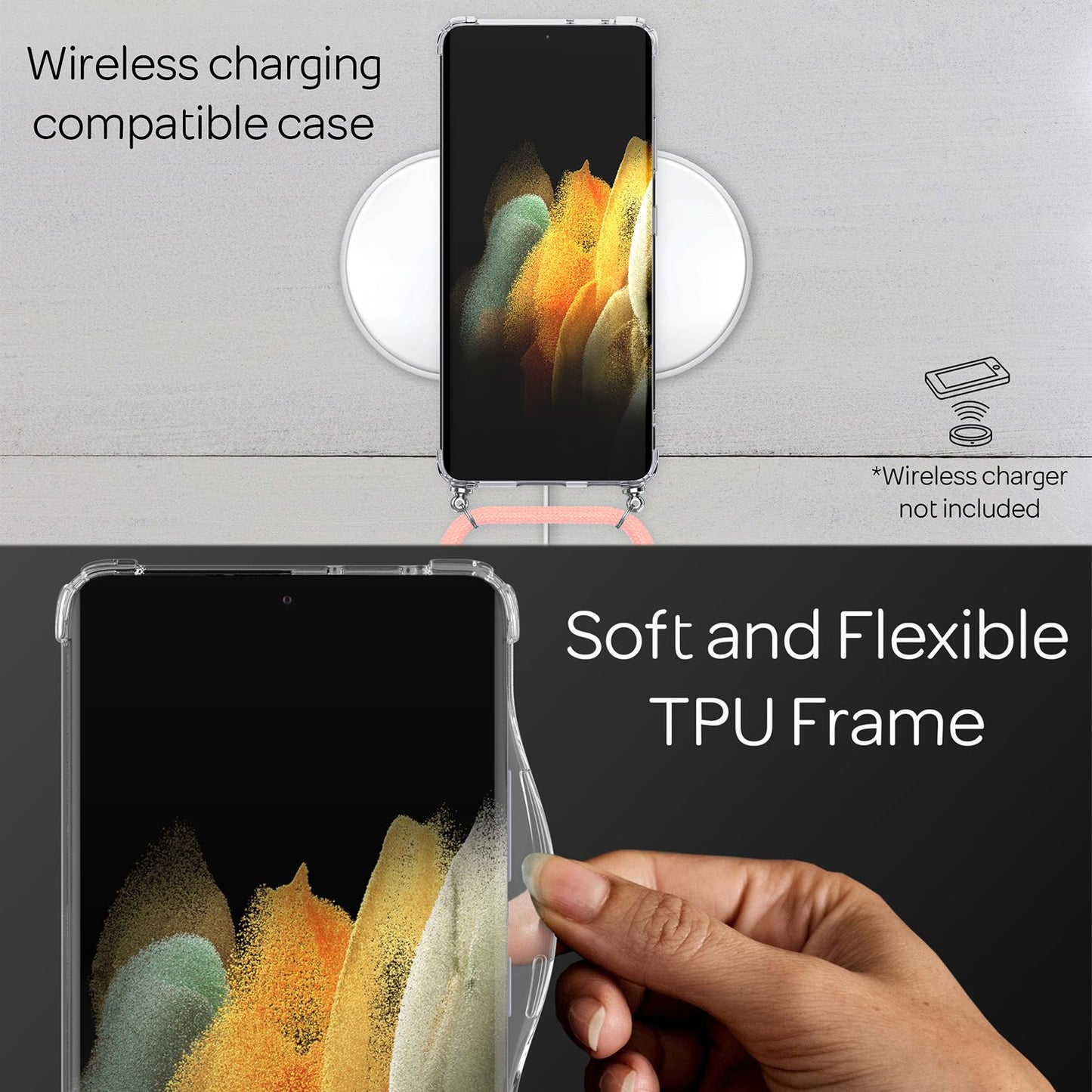 NALIA gegnsætt símahulstur með keðju fyrir Samsung Galaxy S21 Ultra, hálsmen