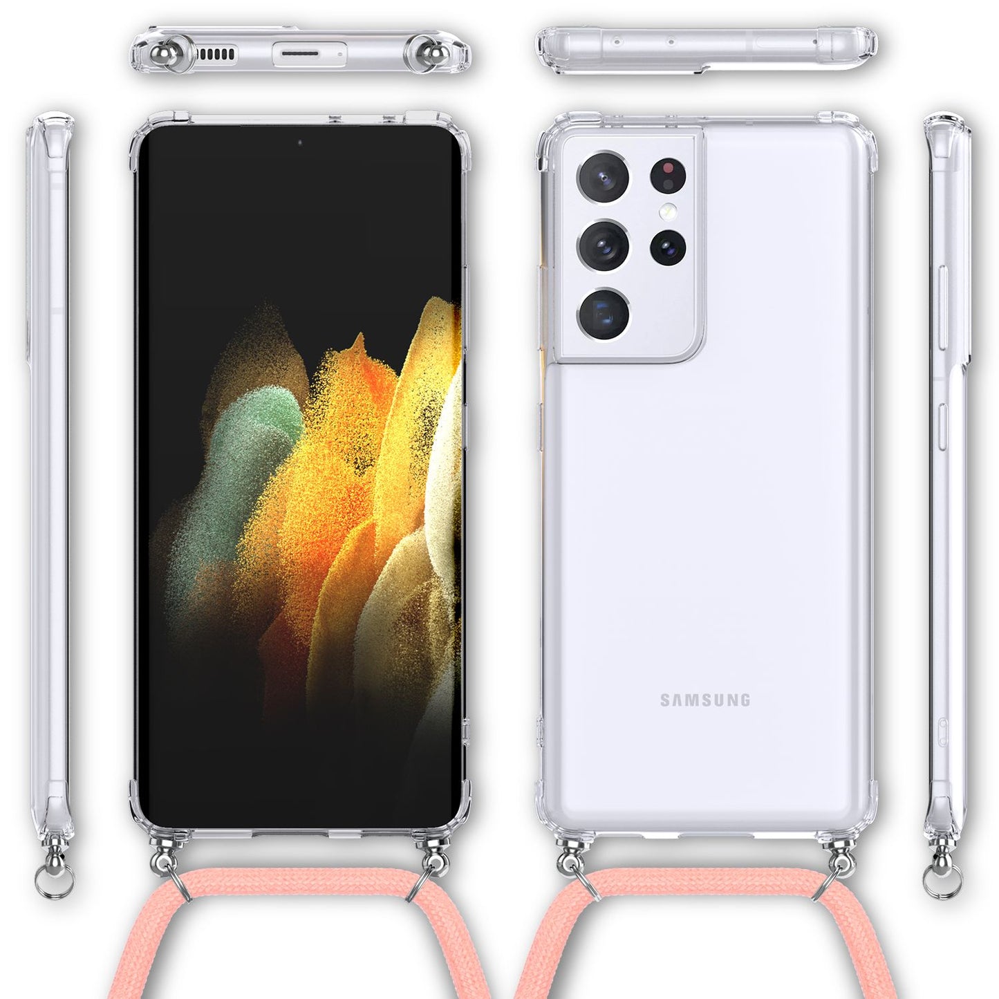 NALIA gegnsætt símahulstur með keðju fyrir Samsung Galaxy S21 Ultra, hálsmen