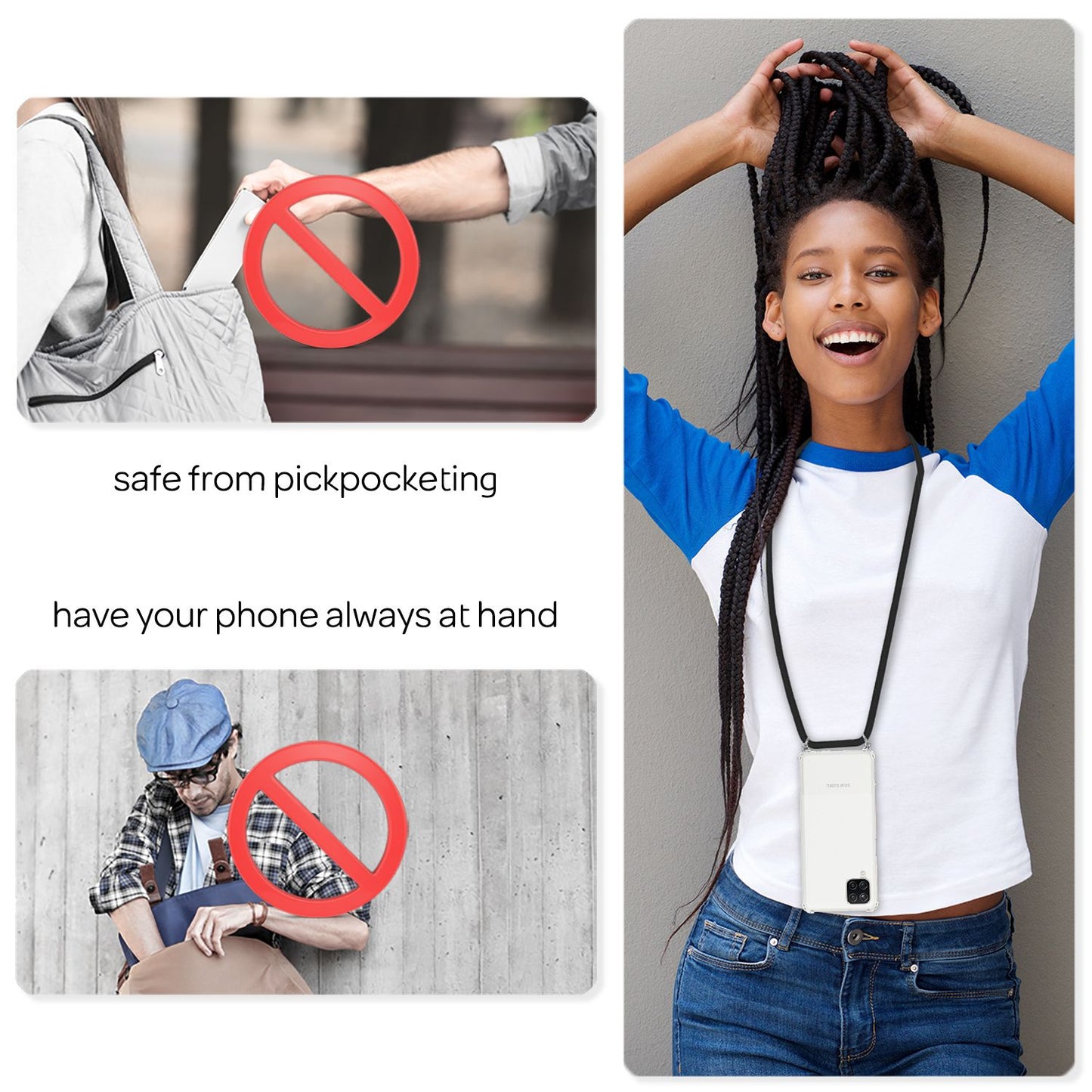 NALIA gegnsætt símahulstur með keðju fyrir Samsung Galaxy A12, bandhulstur með snúru