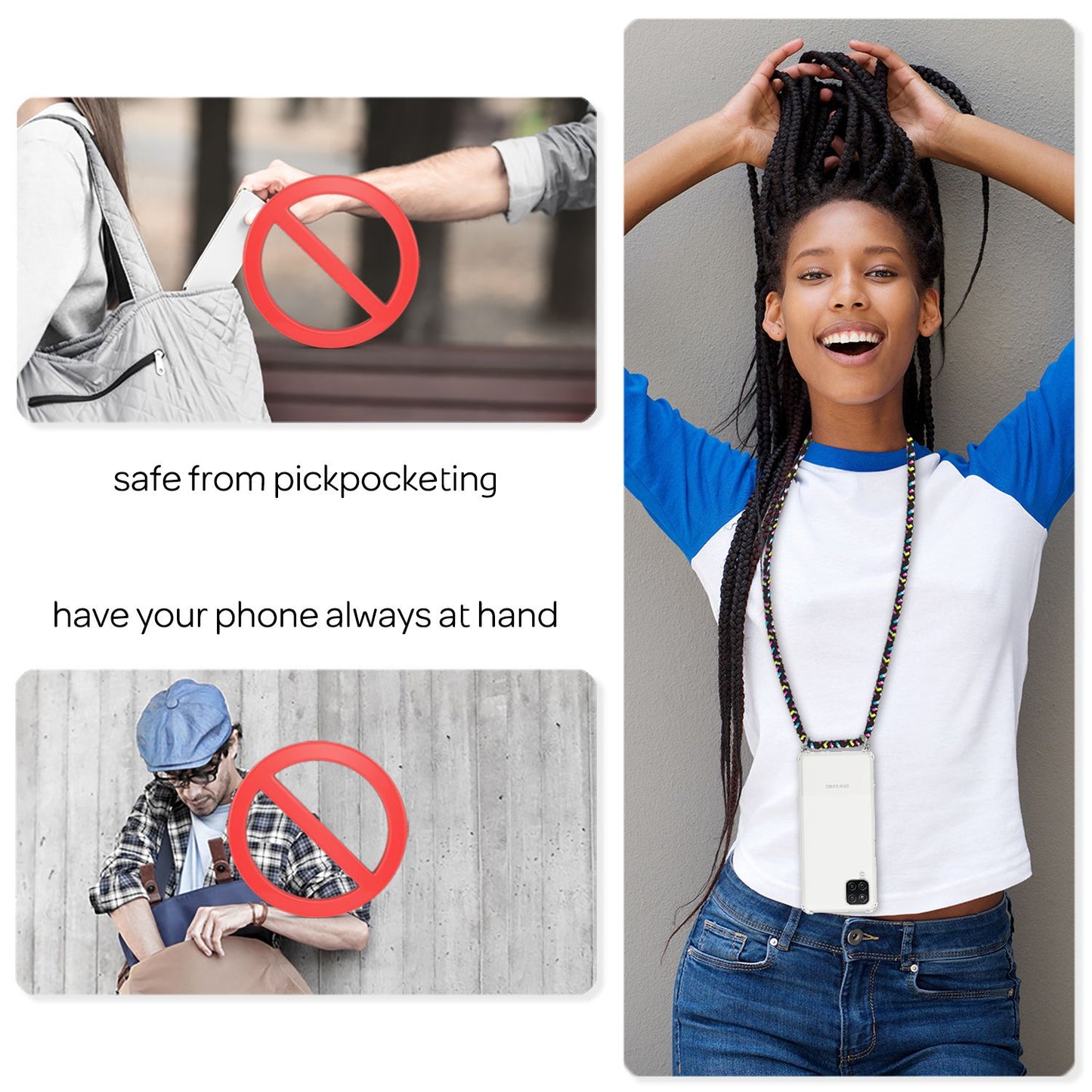 NALIA gegnsætt símahulstur með keðju fyrir Samsung Galaxy A12, bandhulstur með snúru