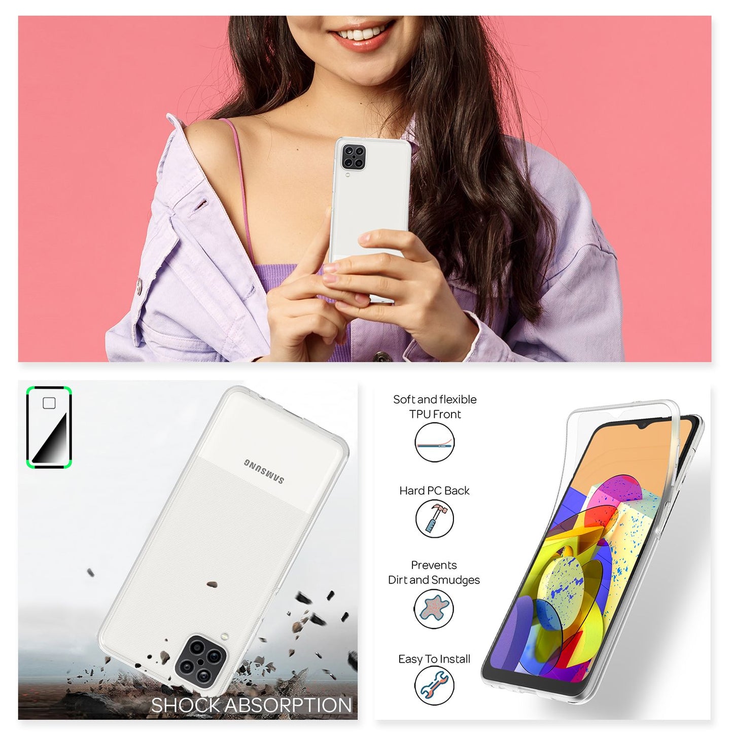 NALIA gegnsætt 360° símahulstur fyrir Samsung Galaxy A12, hart hulstur með fullri verndarhlíf