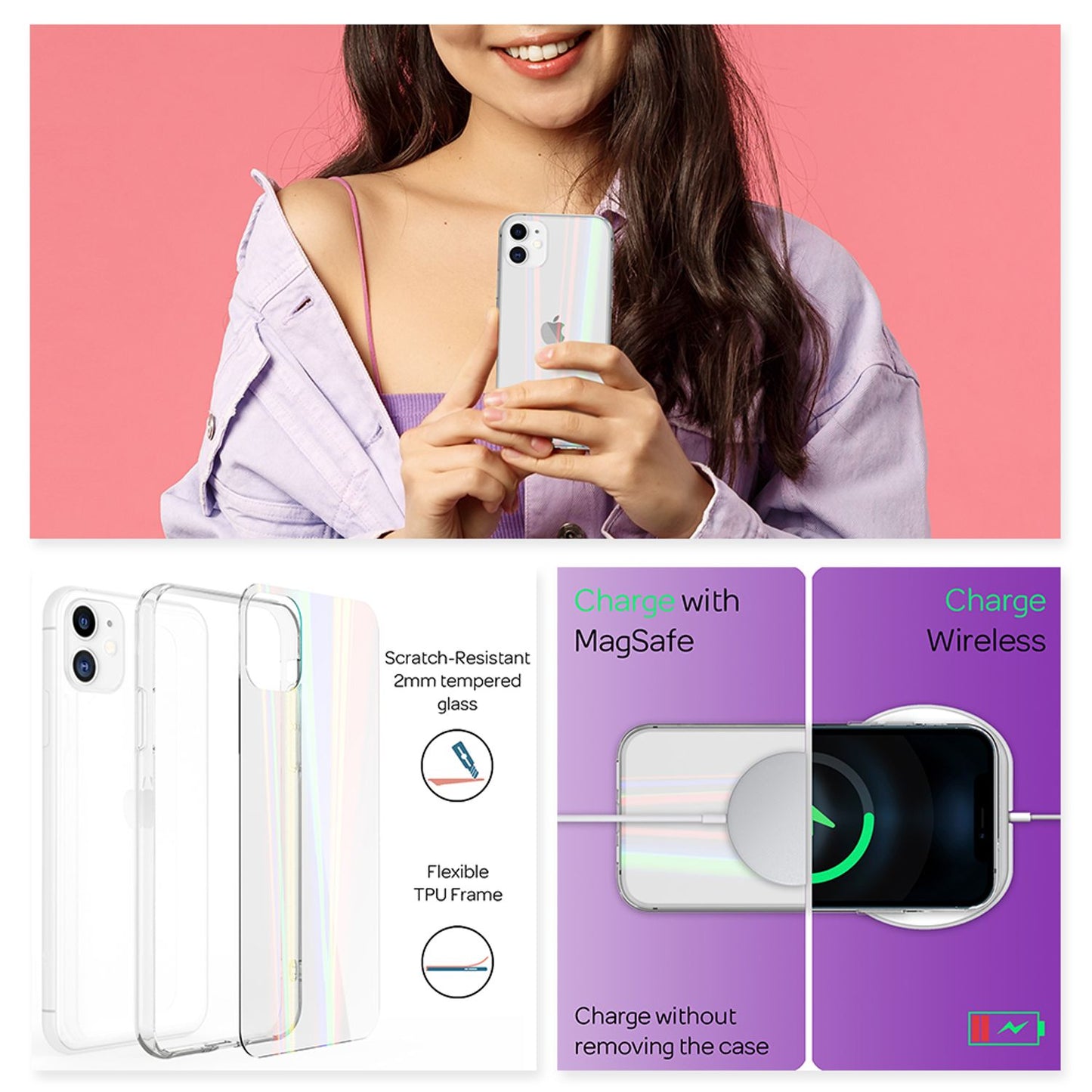 NALIA iPhone 12 / 12 Pro - Glært hertu gler símahulstur úr regnbogalit, rispuþolið