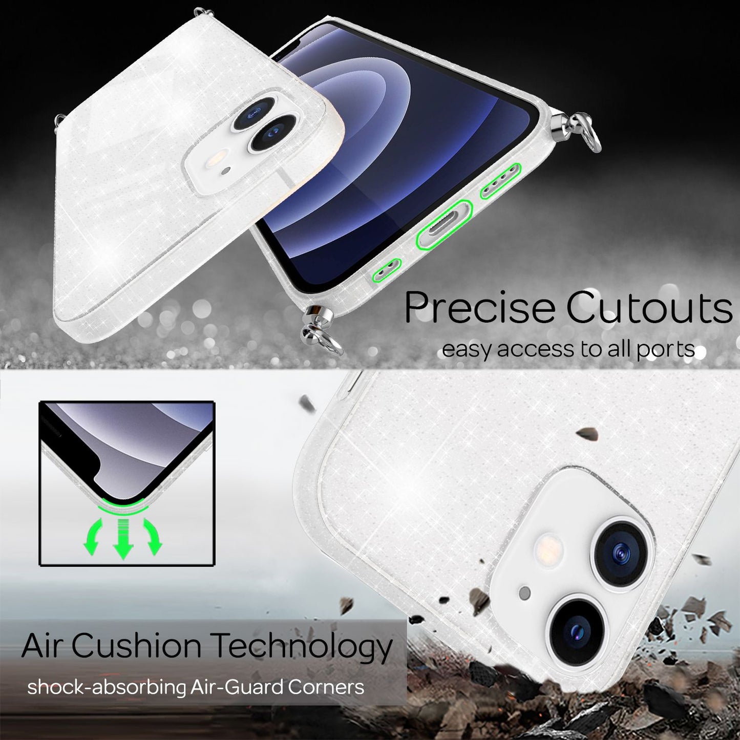 NALIA Glitrandi hulstur með keðju fyrir iPhone 12 mini, Glitrandi hulstur með snúru og Bling-hulstri