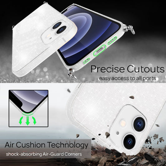 NALIA Glitrandi hulstur með keðju fyrir iPhone 12 mini, Glitrandi hulstur með snúru og Bling-hulstri