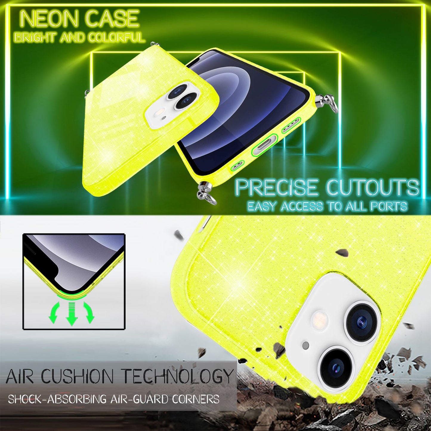 NALIA Glitrandi hulstur með keðju fyrir iPhone 12 mini, Glitrandi hulstur með snúru og Bling-hulstri