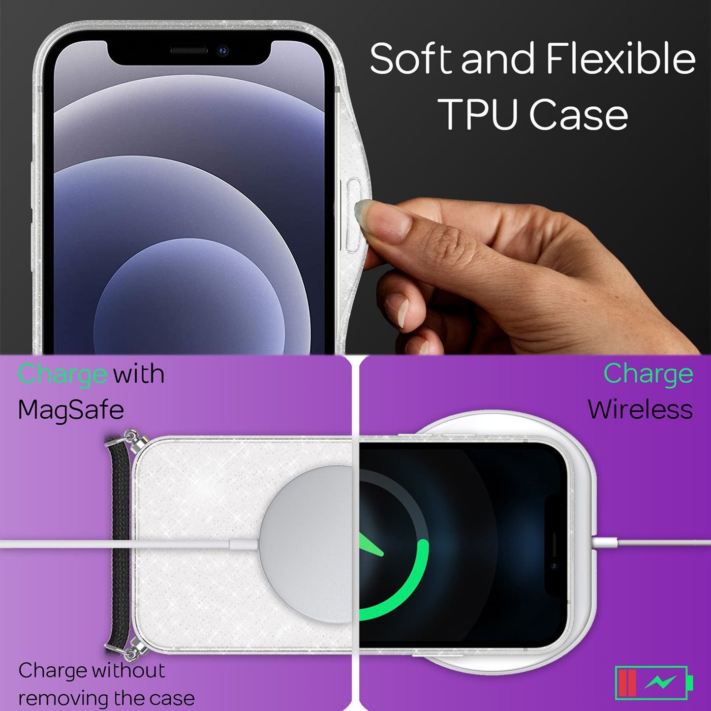 NALIA Glitrandi hulstur með keðju fyrir iPhone 12 mini, Glitrandi hulstur með snúru og Bling-hulstri